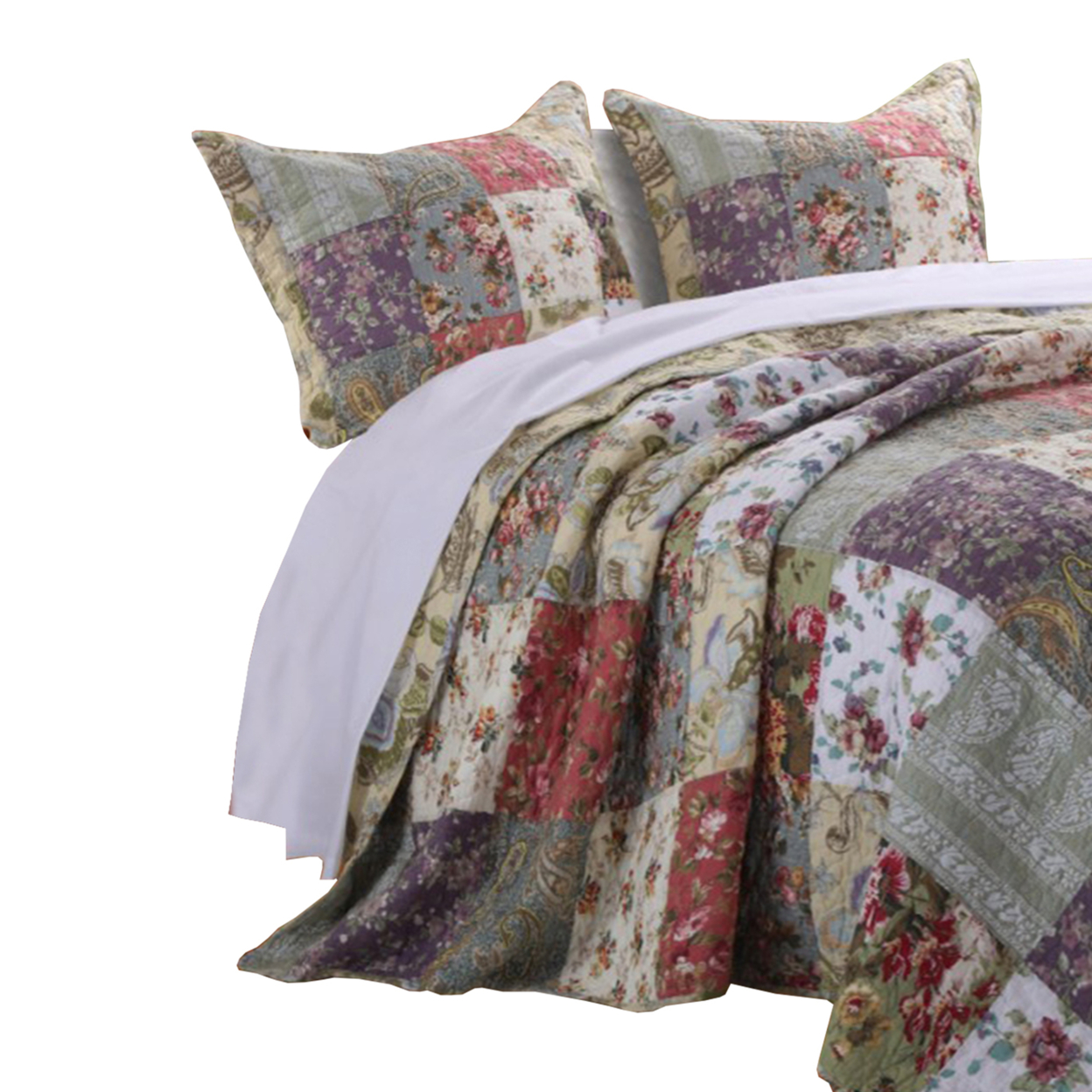 Chicago 3 Piece Fabric Full Bedspread Set With Jacobean Prints, Multicolor- Saltoro Sherpi