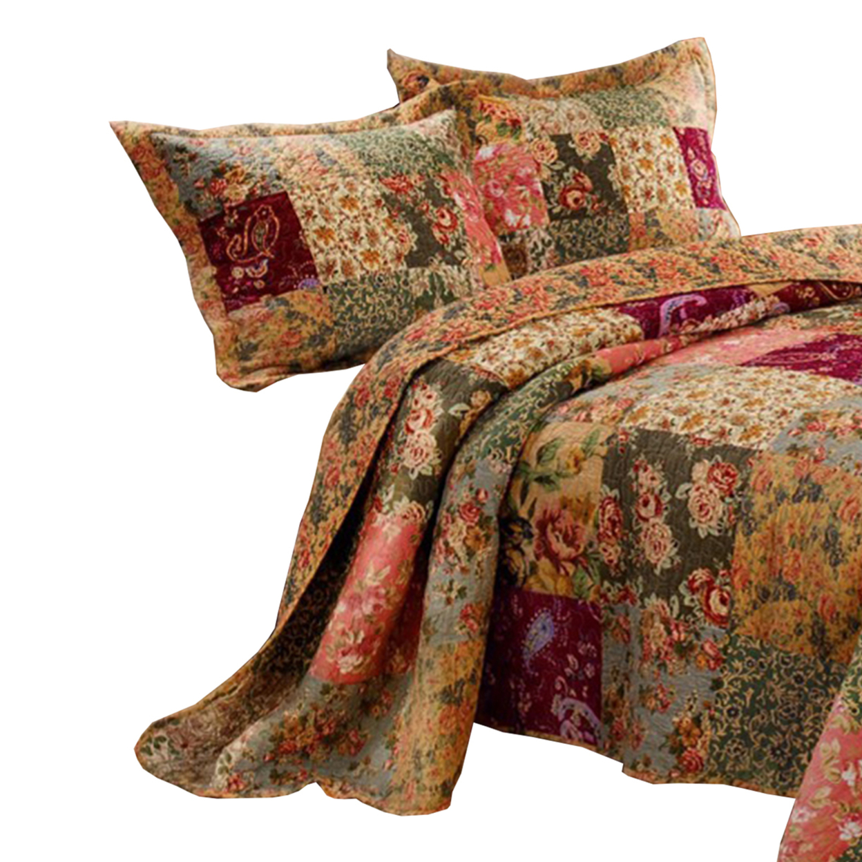 Kamet 3 Piece Fabric Full Size Bedspread Set With Floral Prints, Multicolor- Saltoro Sherpi