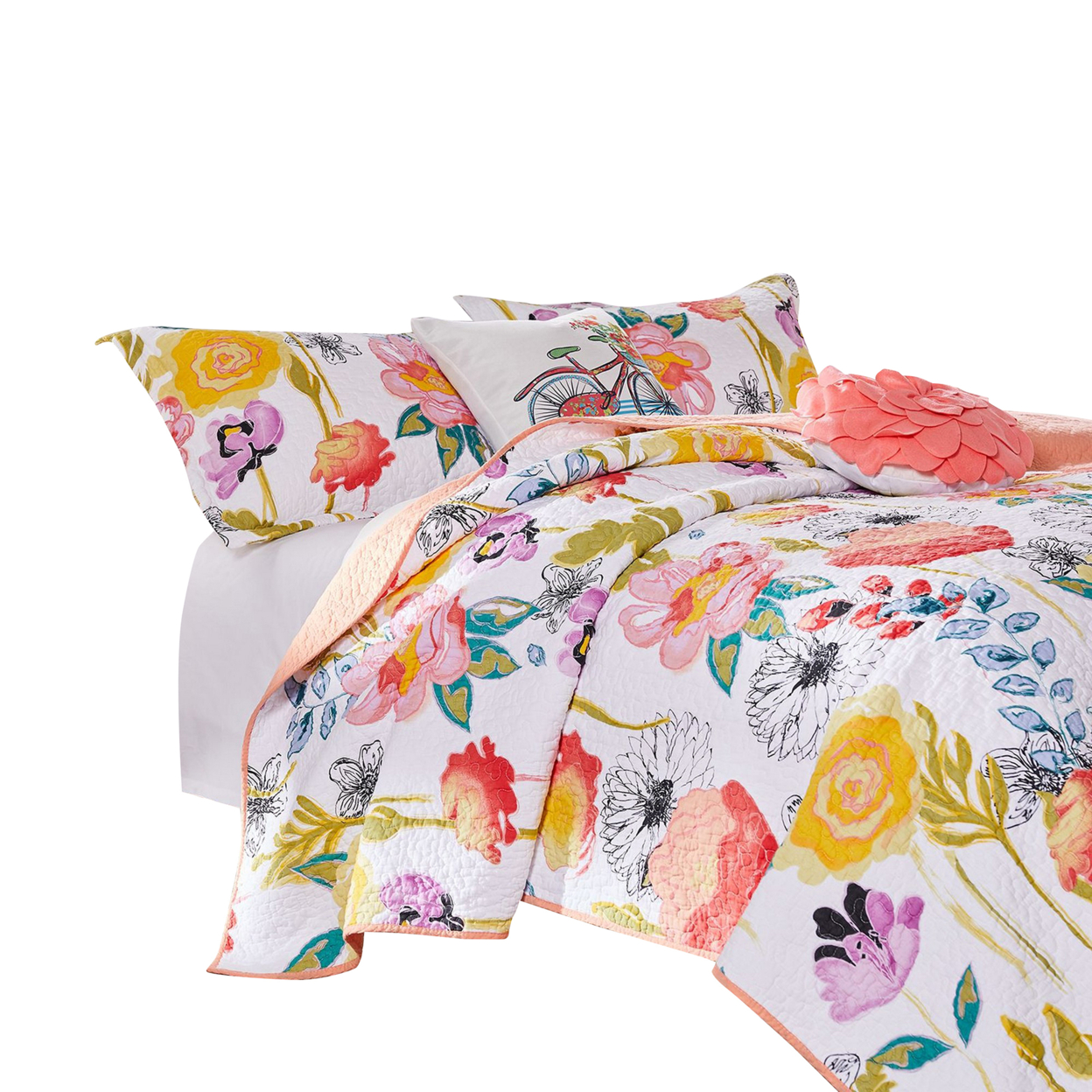 Mavi 5 Piece Reversible Full Quilt Set, Spring Floral Print, Multicolor- Saltoro Sherpi