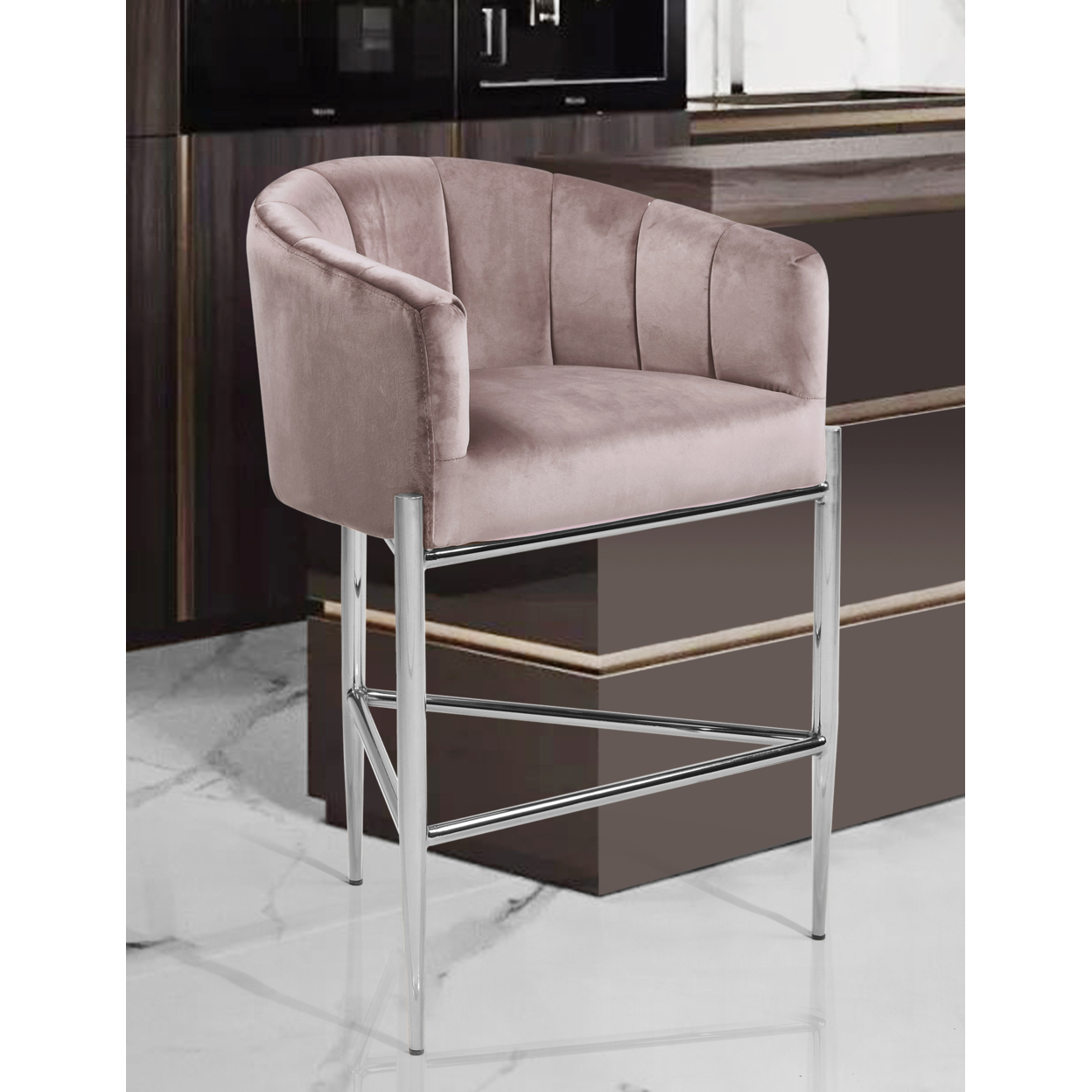 Iconic Home Ardee Counter Stool Chair Velvet Upholstered Shelter Arm Shell Design 3 Legged Chrome Tone Solid Metal Base - Blush
