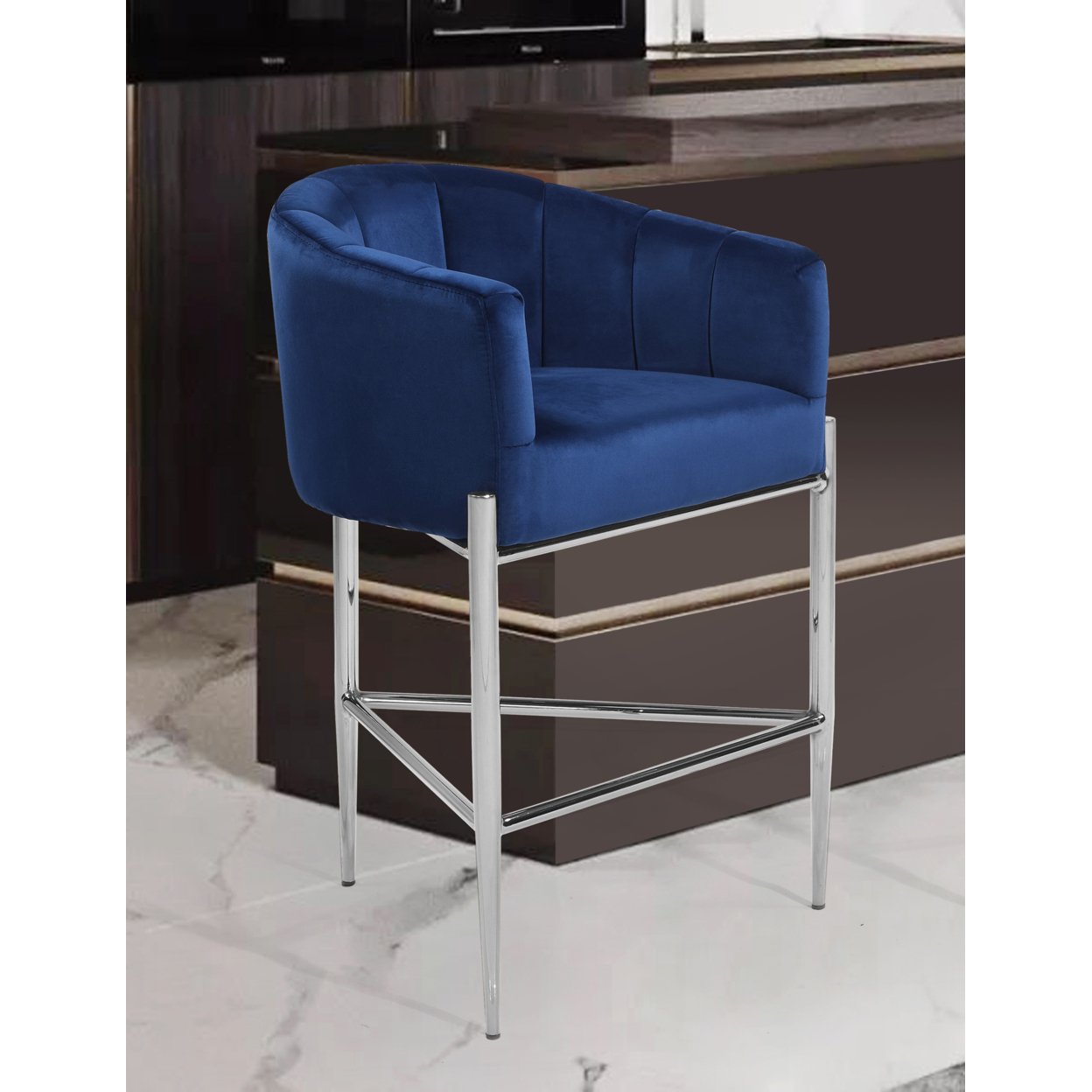 Iconic Home Ardee Counter Stool Chair Velvet Upholstered Shelter Arm Shell Design 3 Legged Chrome Tone Solid Metal Base - Navy