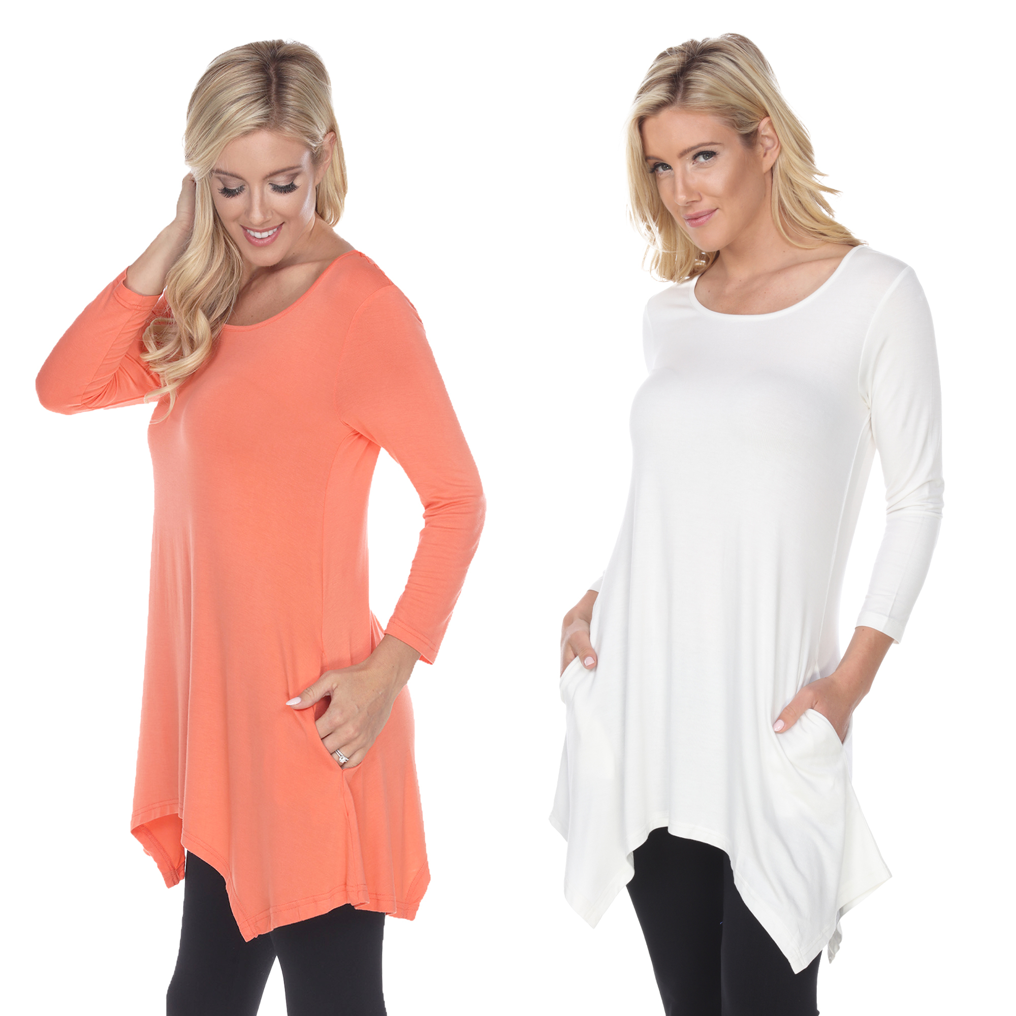 White Mark Women's Pack Of 2 White Tunic Top - White, Coral, Large