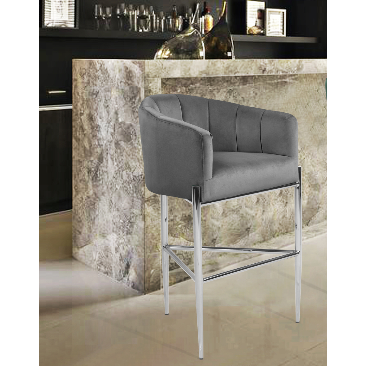 Iconic Home Ardee Bar Stool Chair Velvet Upholstered Shelter Arm Shell Design 3 Legged Chrome Tone Solid Metal Base - Silver