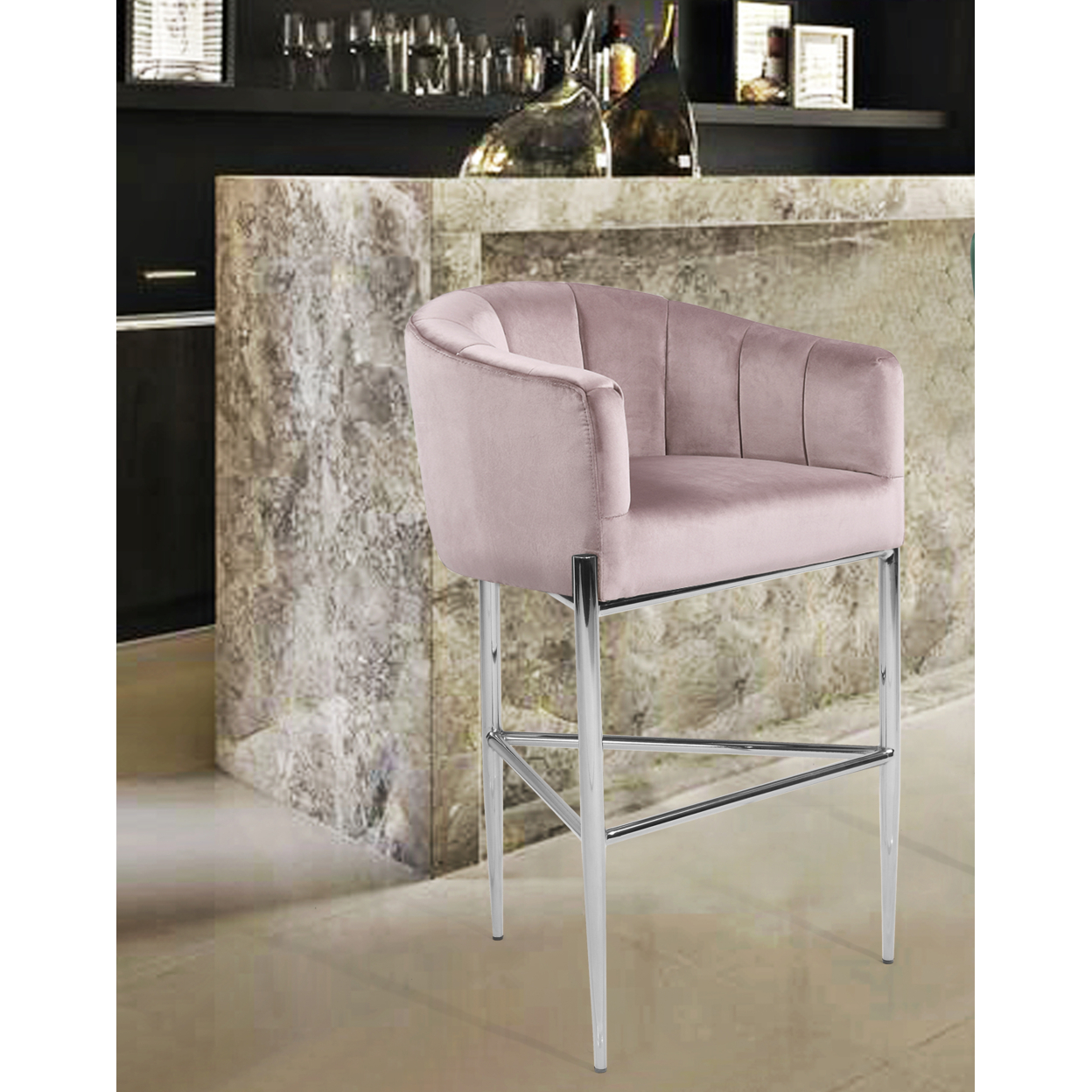 Iconic Home Ardee Bar Stool Chair Velvet Upholstered Shelter Arm Shell Design 3 Legged Chrome Tone Solid Metal Base - Blush