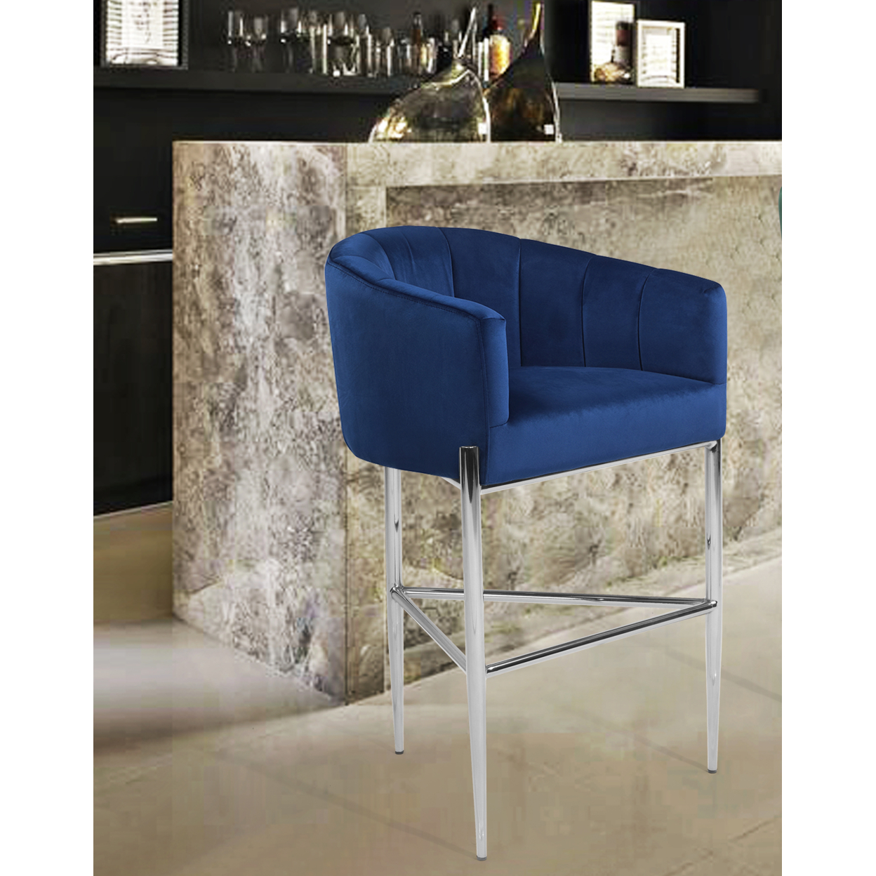 Iconic Home Ardee Bar Stool Chair Velvet Upholstered Shelter Arm Shell Design 3 Legged Chrome Tone Solid Metal Base - Navy