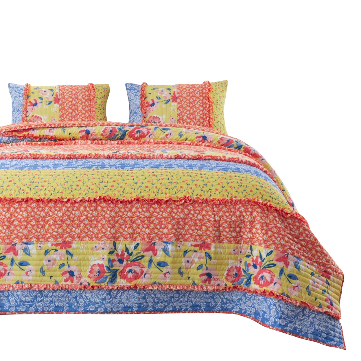 Lio 2 Piece Microfiber Twin Quilt Set, Bohemian Floral Pattern, Multicolor- Saltoro Sherpi