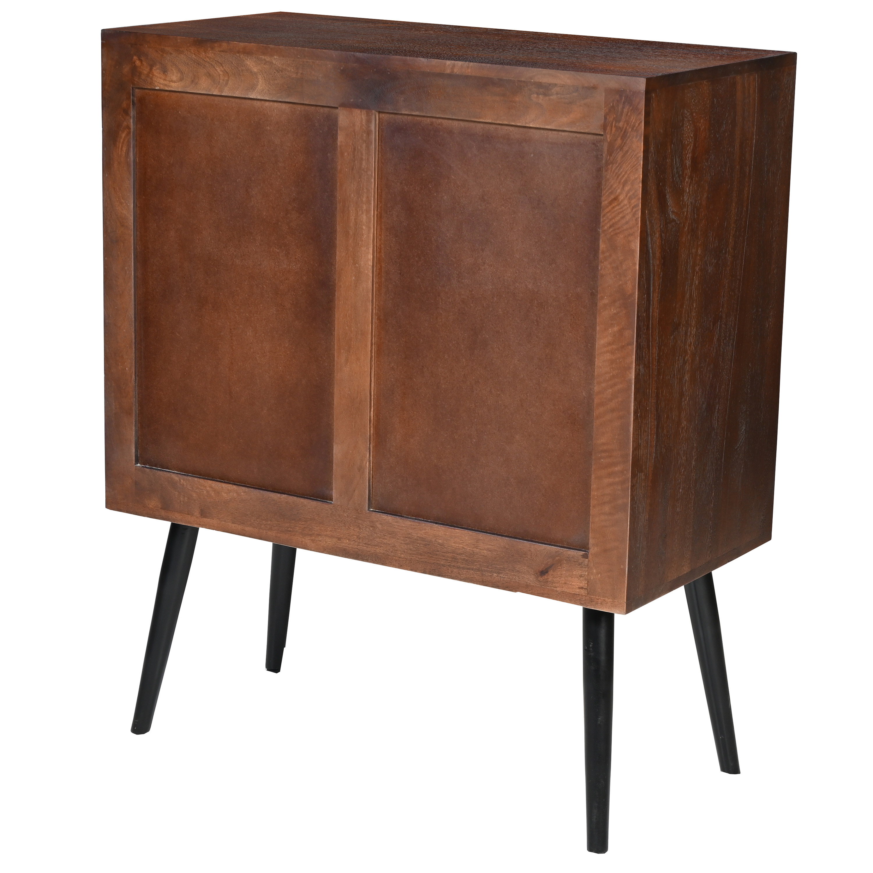 37 Inch 2 Door Mango Wood Sideboard Cabinet, Terrazzo Stone, Sandblasted Red Oak Finish, Black Legs
