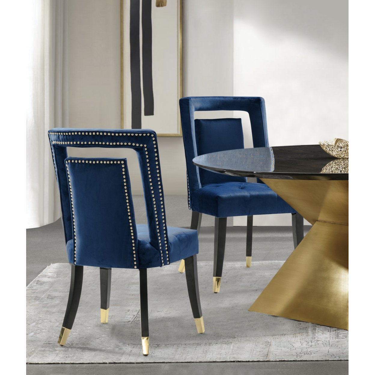 Iconic Home Elsa Dining Side Chair Velvet Upholstered Nailhead Trim Seat Espresso Finished Gold Tip Tapered Wood Legs, Set Of 2 - Navy