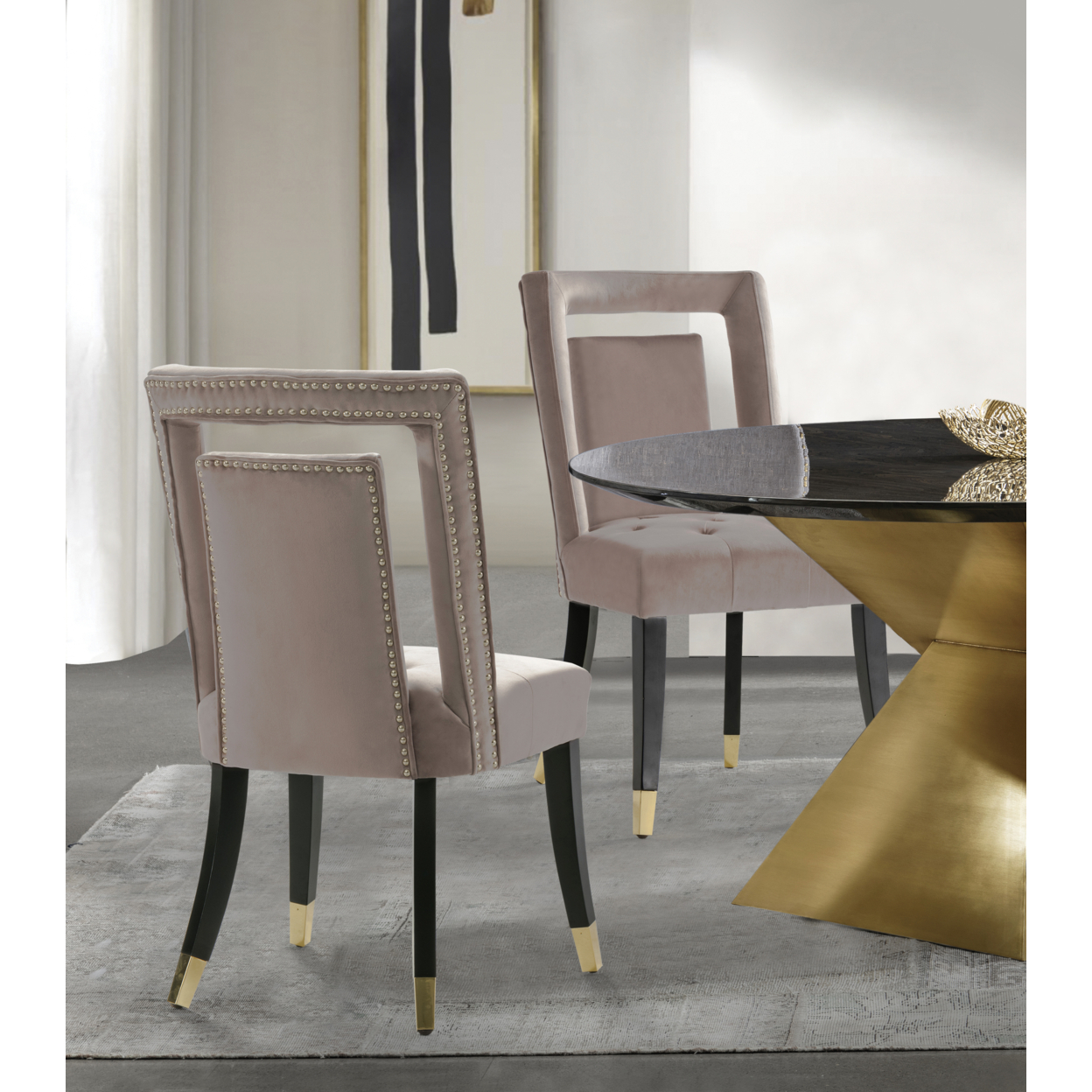 Iconic Home Elsa Dining Side Chair Velvet Upholstered Nailhead Trim Seat Espresso Finished Gold Tip Tapered Wood Legs, Set Of 2 - Blush