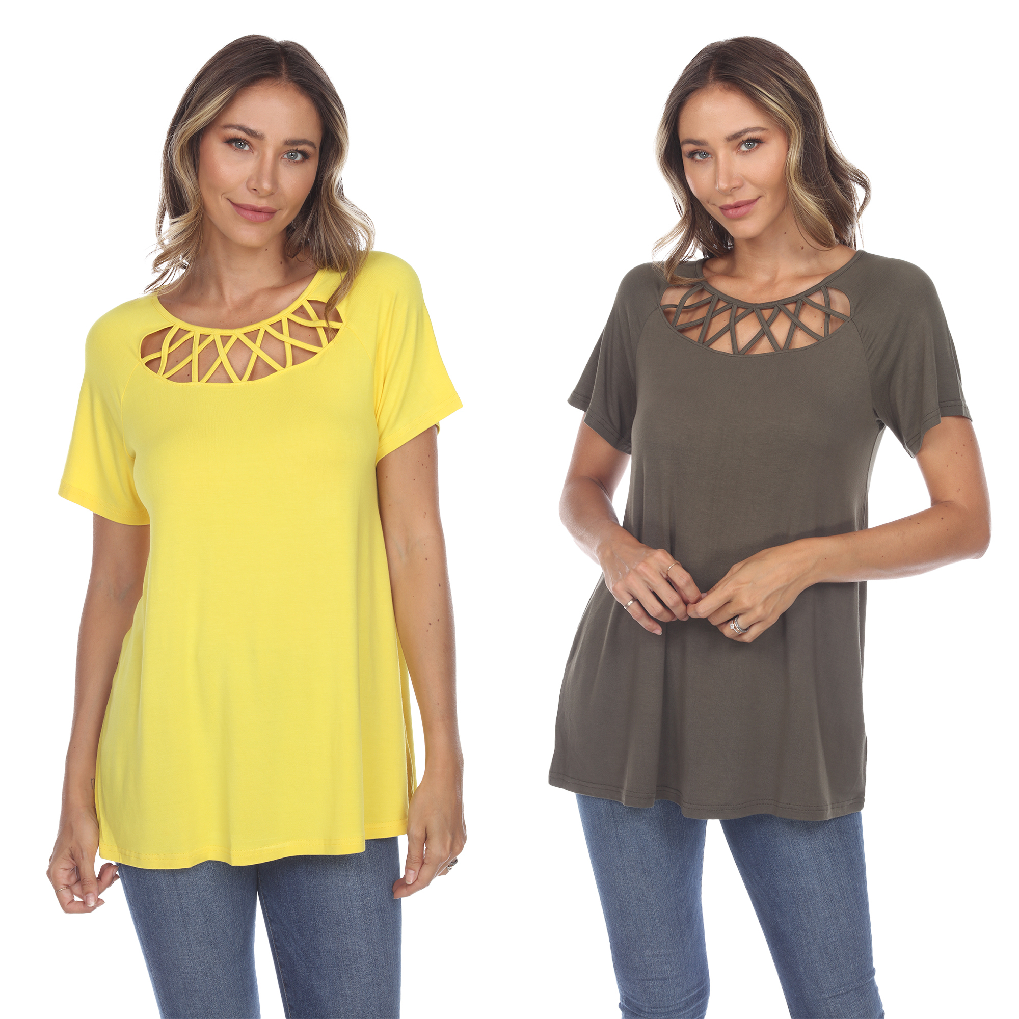 White Mark Women's Pack Of 2 Yellow Crisscross Short Sleeve Top - Yellow Olive, Small