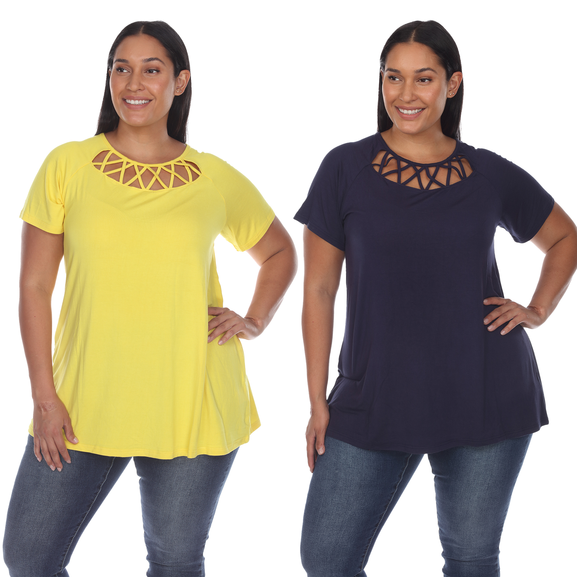 White Mark Women's Pack Of 2 Yellow Crisscross Short Sleeve Top - Yellow Olive, Small