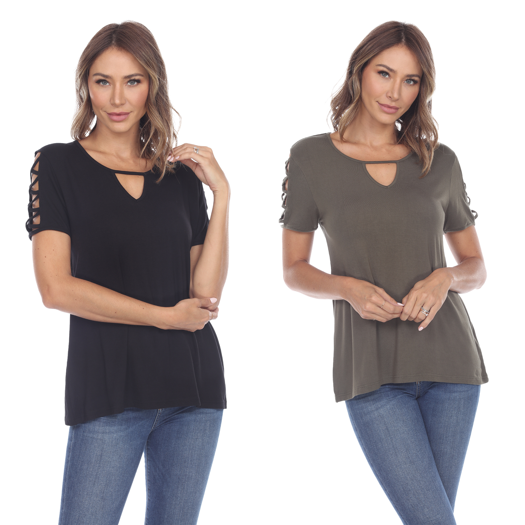 White Mark Women's Pack Of 2 Keyhole Neck Short Sleeve Top - Black Olive, Small