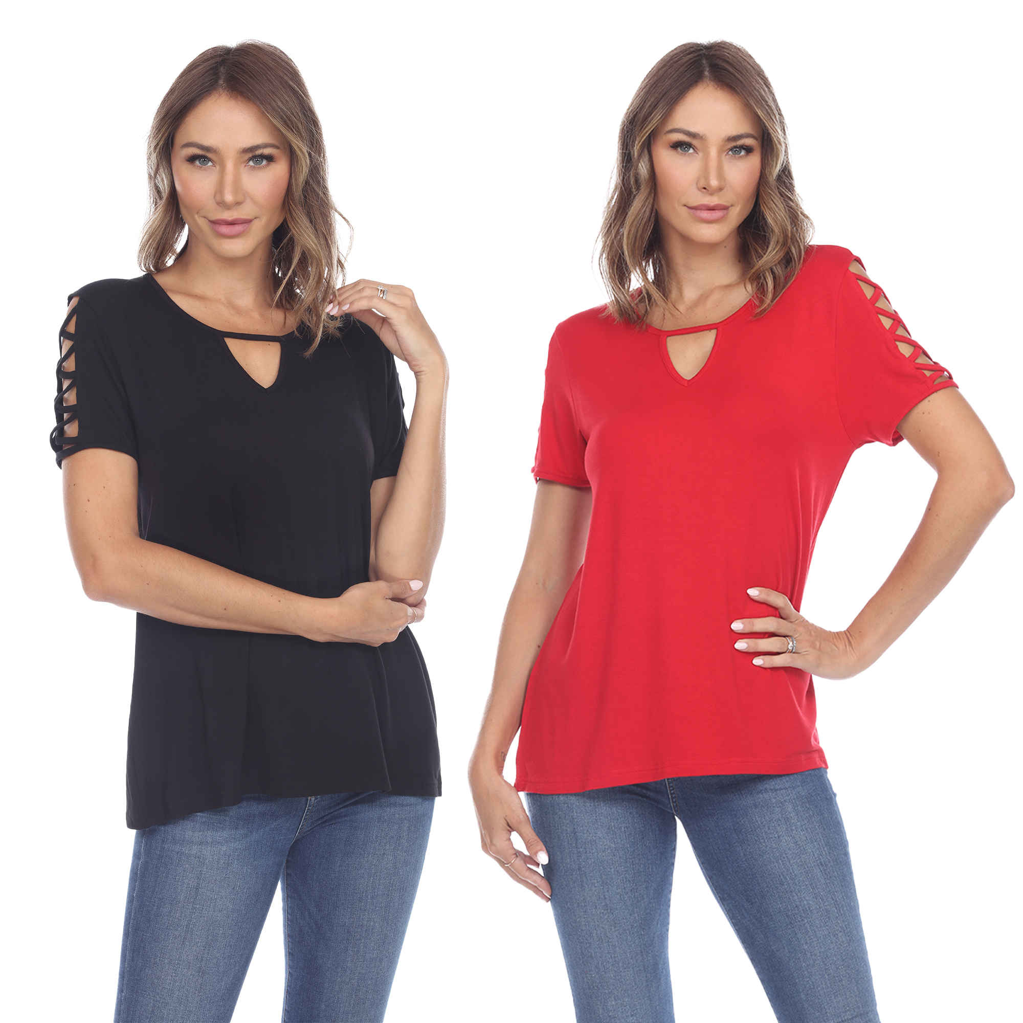 White Mark Women's Pack Of 2 Keyhole Neck Short Sleeve Top - Black Red, Small