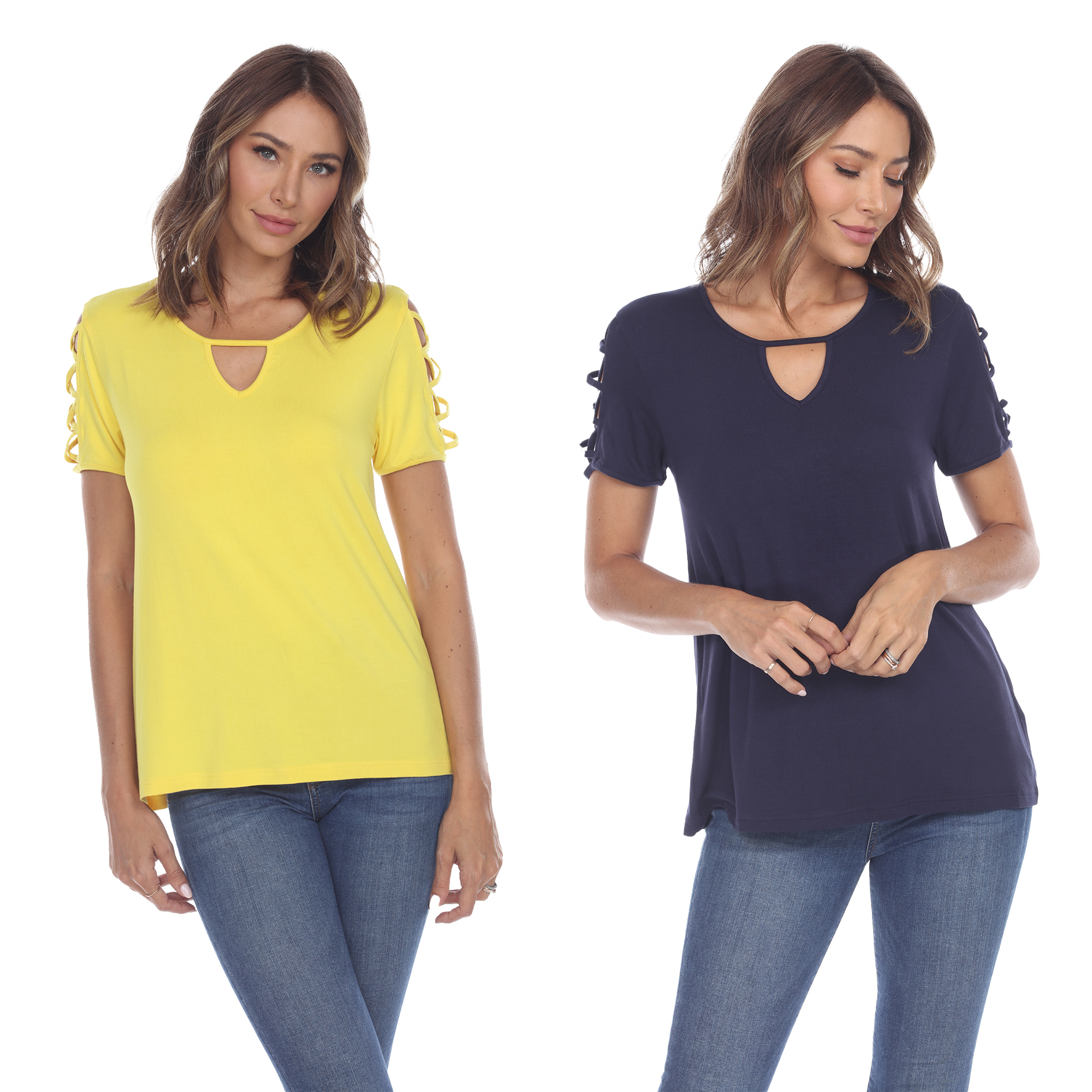 White Mark Women's Pack Of 2 Yellow Keyhole Neck Short Sleeve Top - Yellow Navy, Large