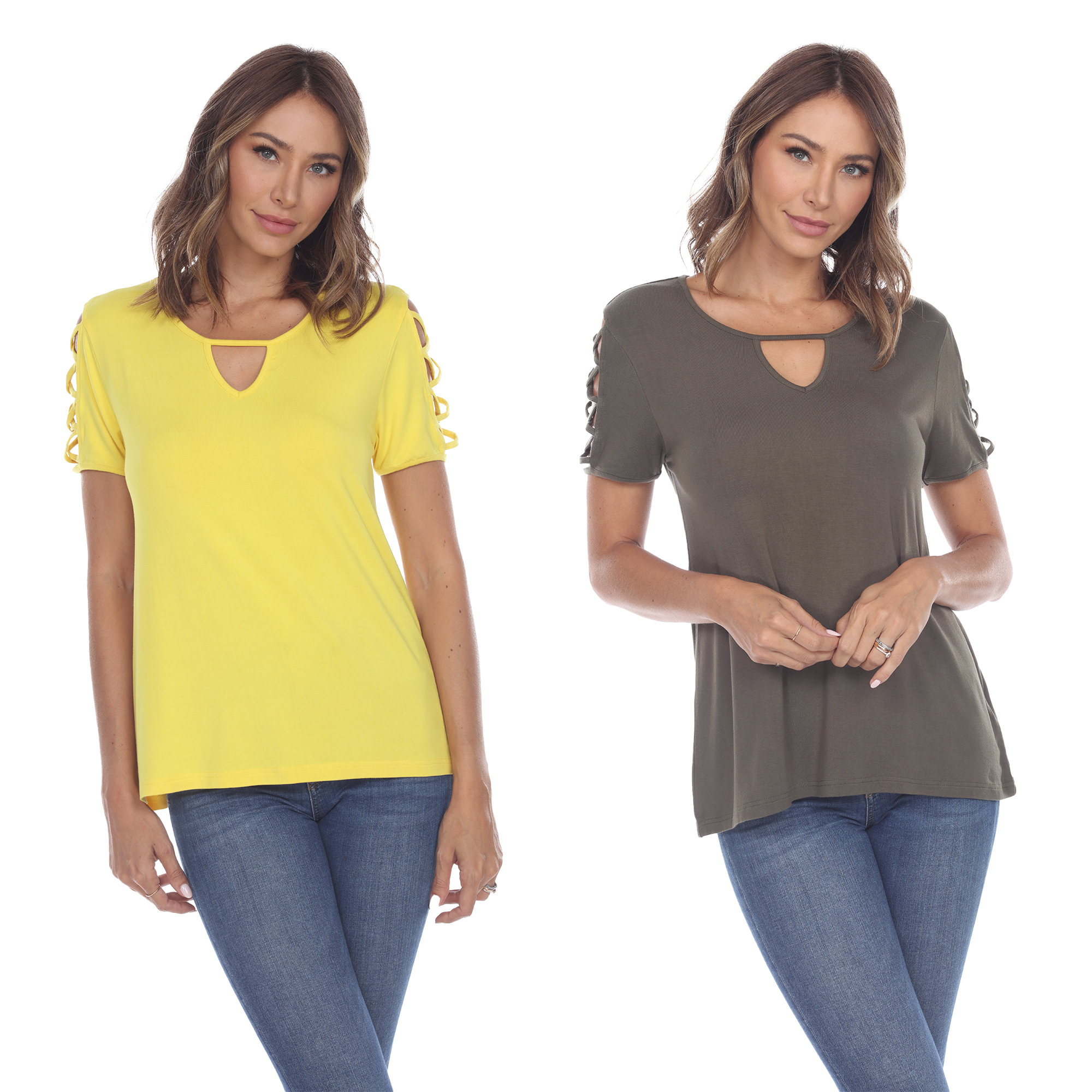 White Mark Women's Pack Of 2 Yellow Keyhole Neck Short Sleeve Top - Yellow Olive, Small