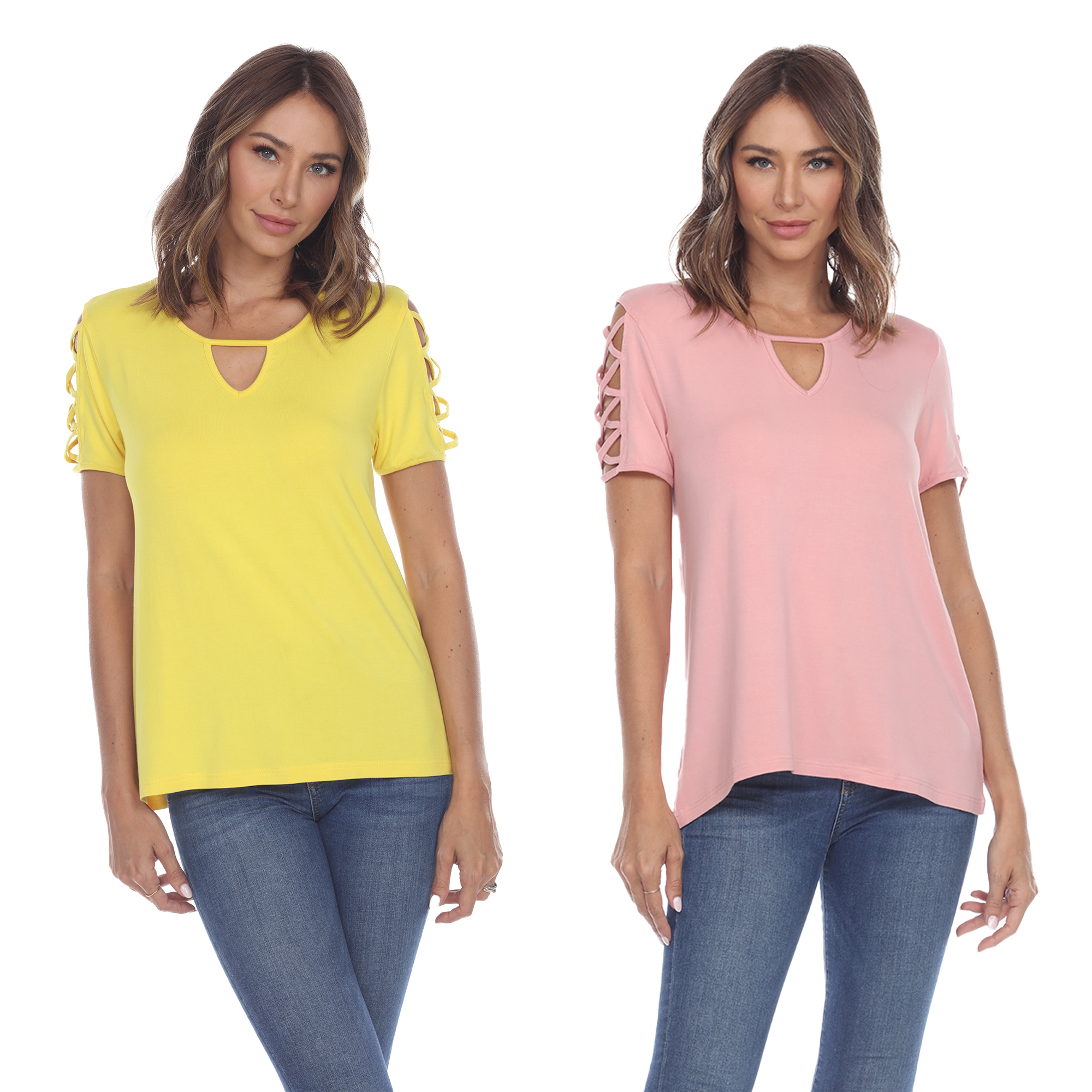 White Mark Women's Pack Of 2 Yellow Keyhole Neck Short Sleeve Top - Yellow Rose, Small