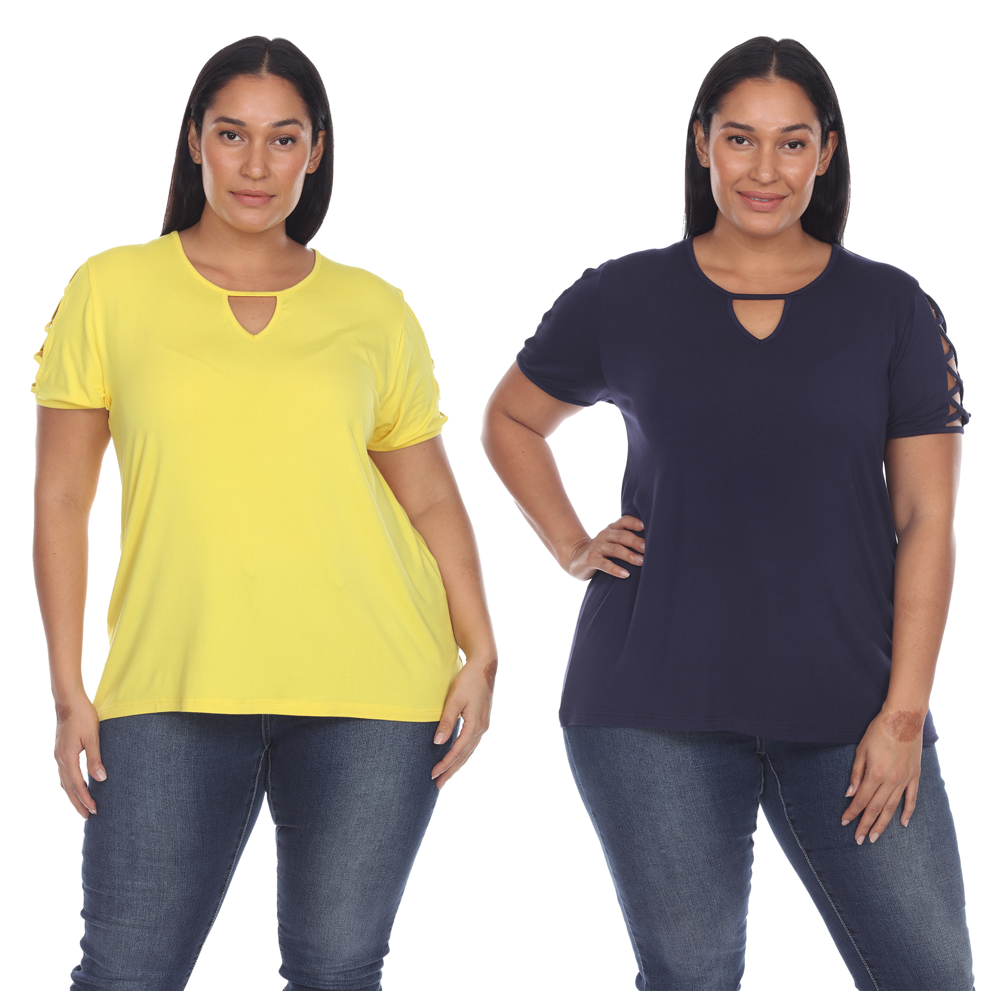 White Mark Women's Pack Of 2 Yellow Keyhole Neck Short Sleeve Top - Yellow Olive, 3X