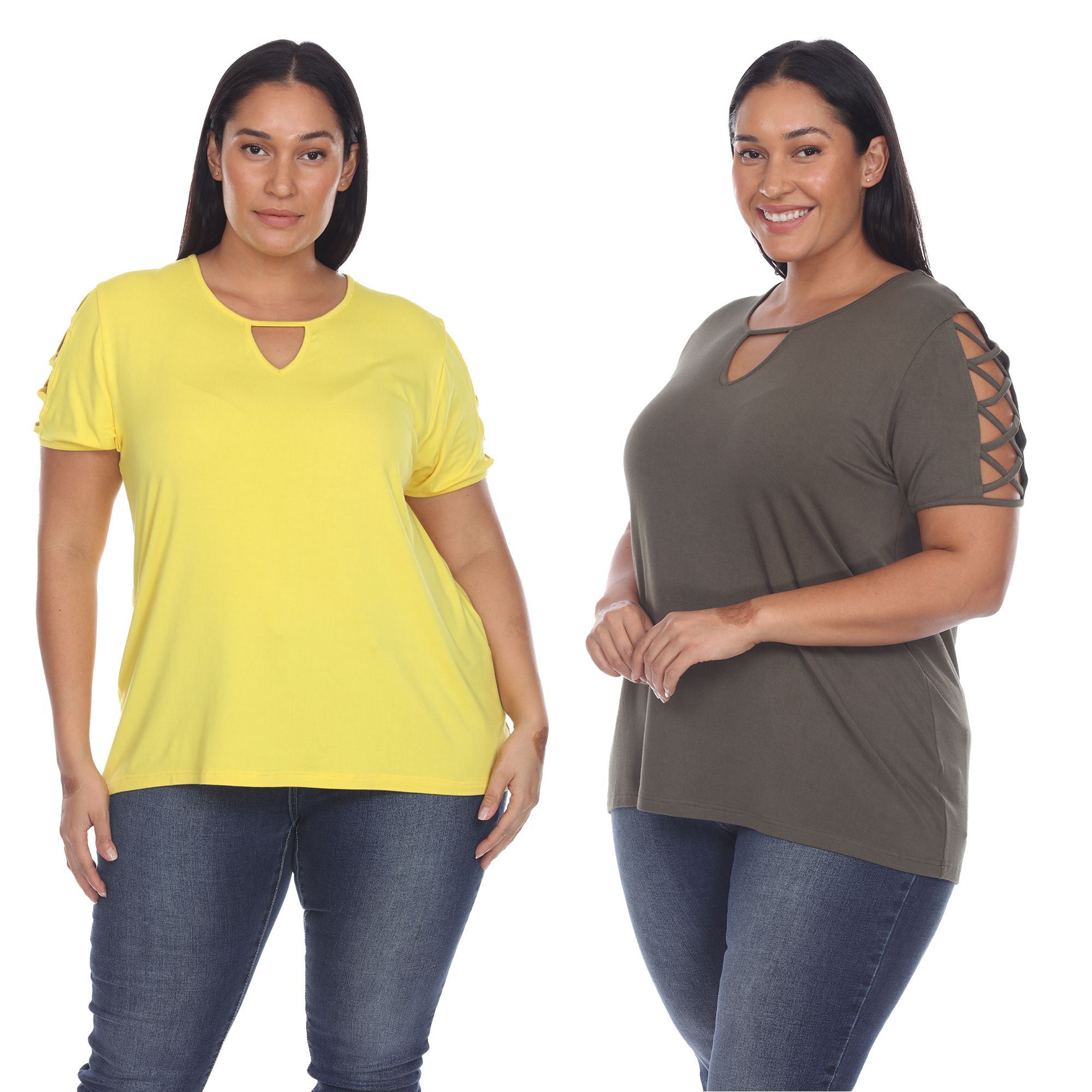 White Mark Women's Pack Of 2 Yellow Keyhole Neck Short Sleeve Top - Yellow Olive, 1X