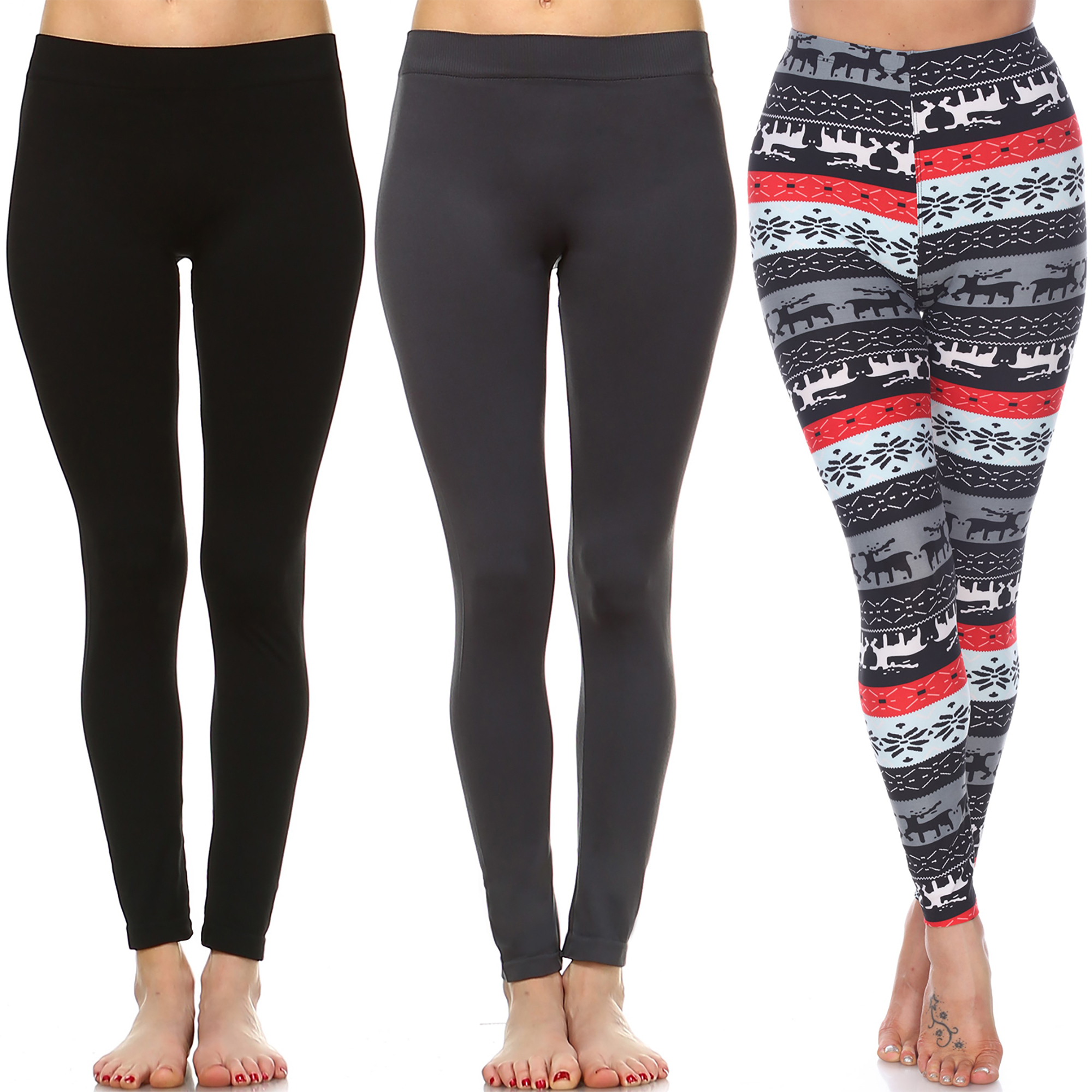 White Mark Women's Pack Of 3 Holiday Leggings - Black, Charcoal, Red/Grey, One Size Plus