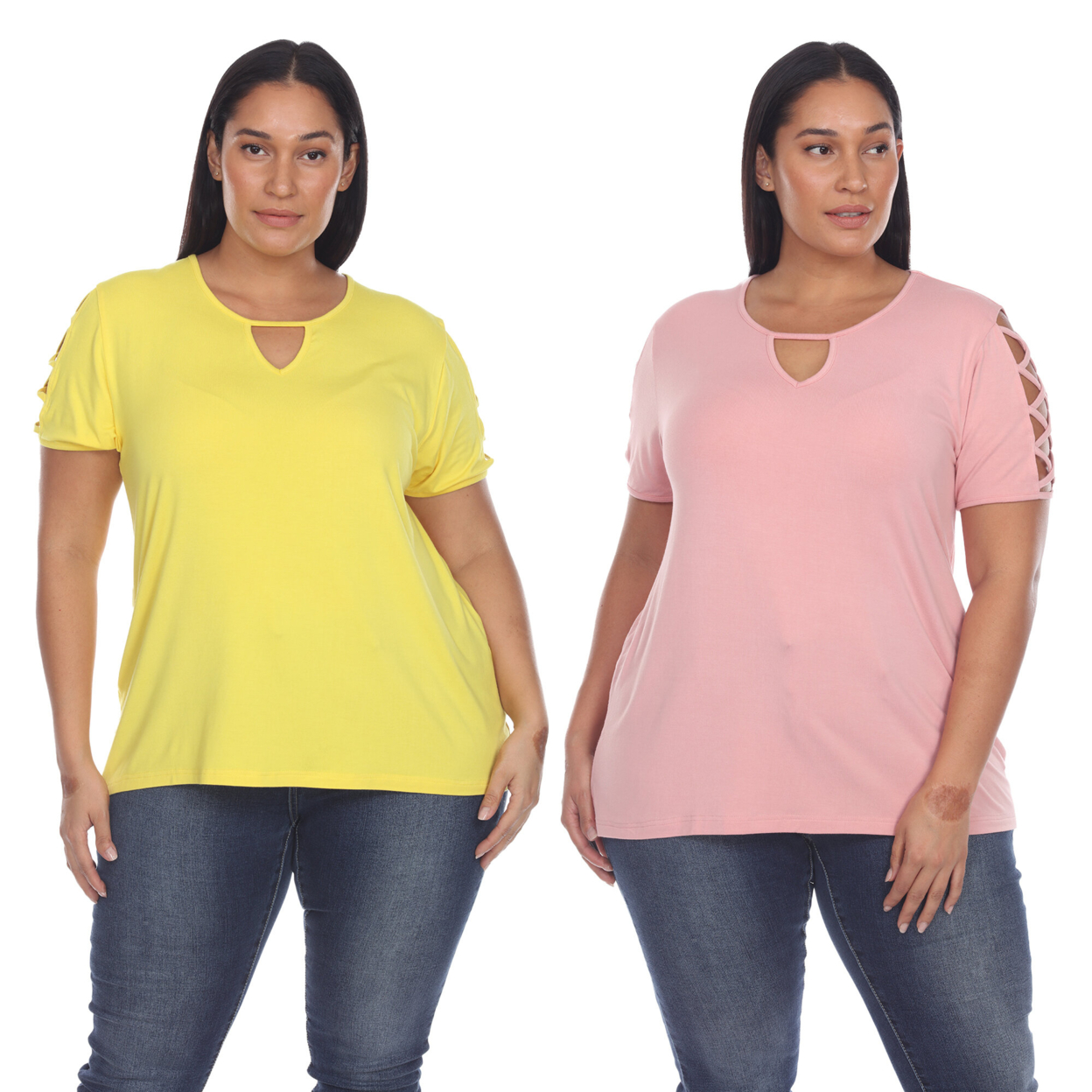 White Mark Women's Pack Of 2 Yellow Keyhole Neck Short Sleeve Top - Yellow Rose, 1X