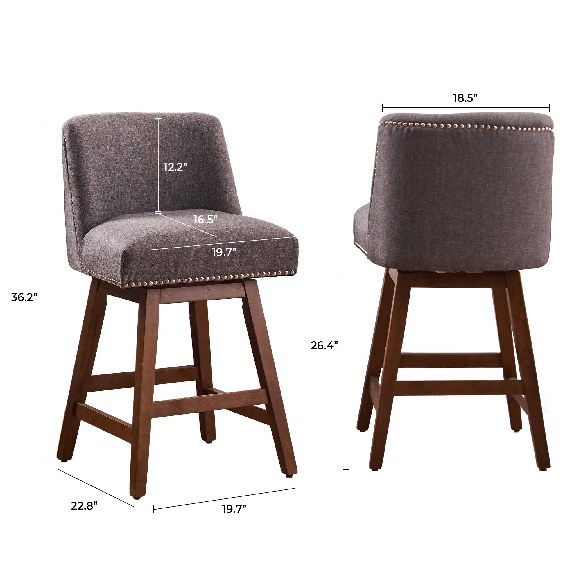 Swivel Counter Height Fabric Upholstered Wooden Chairs Barstools With Nailhead Trim In Gray, Set Of 2, Low Back, Light Gray