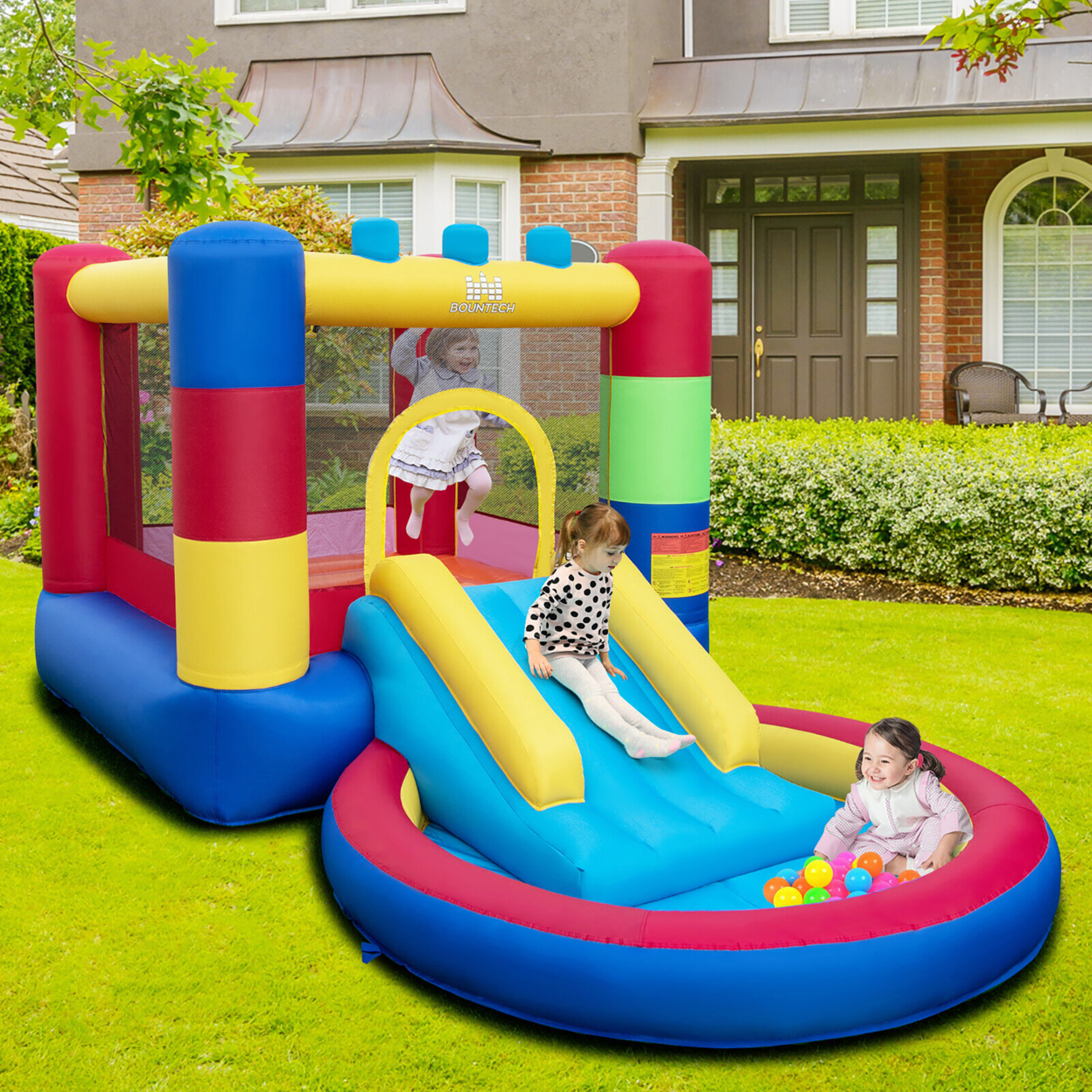 4-in-1 Inflatable Bounce House Colorful Kids Bouncy W/ Ocean Balls & 480W Blower