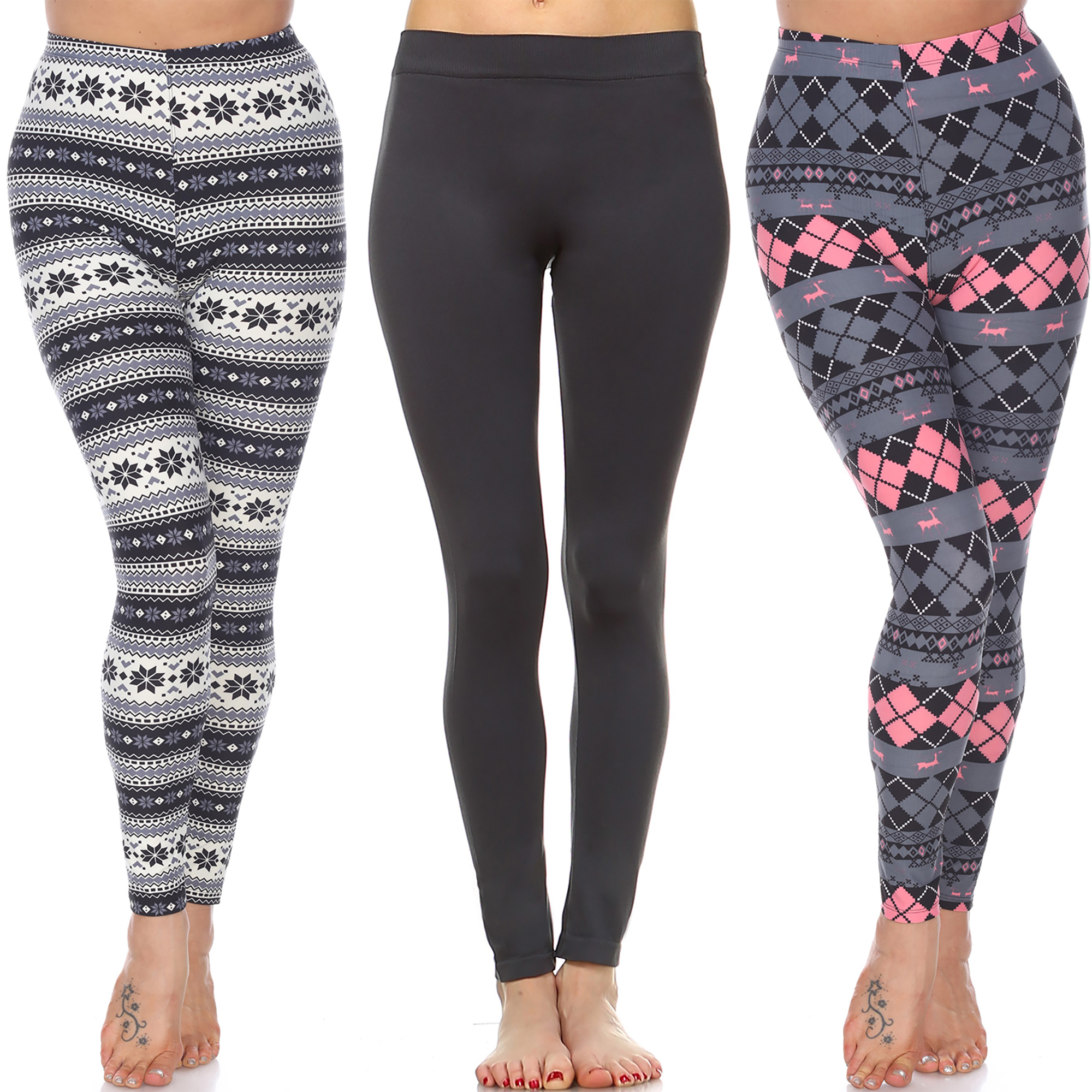 White Mark Women's Pack Of 3 Holiday Leggings - Charcoal, Grey/Pink Argyle, Black/Grey, One Size Regular