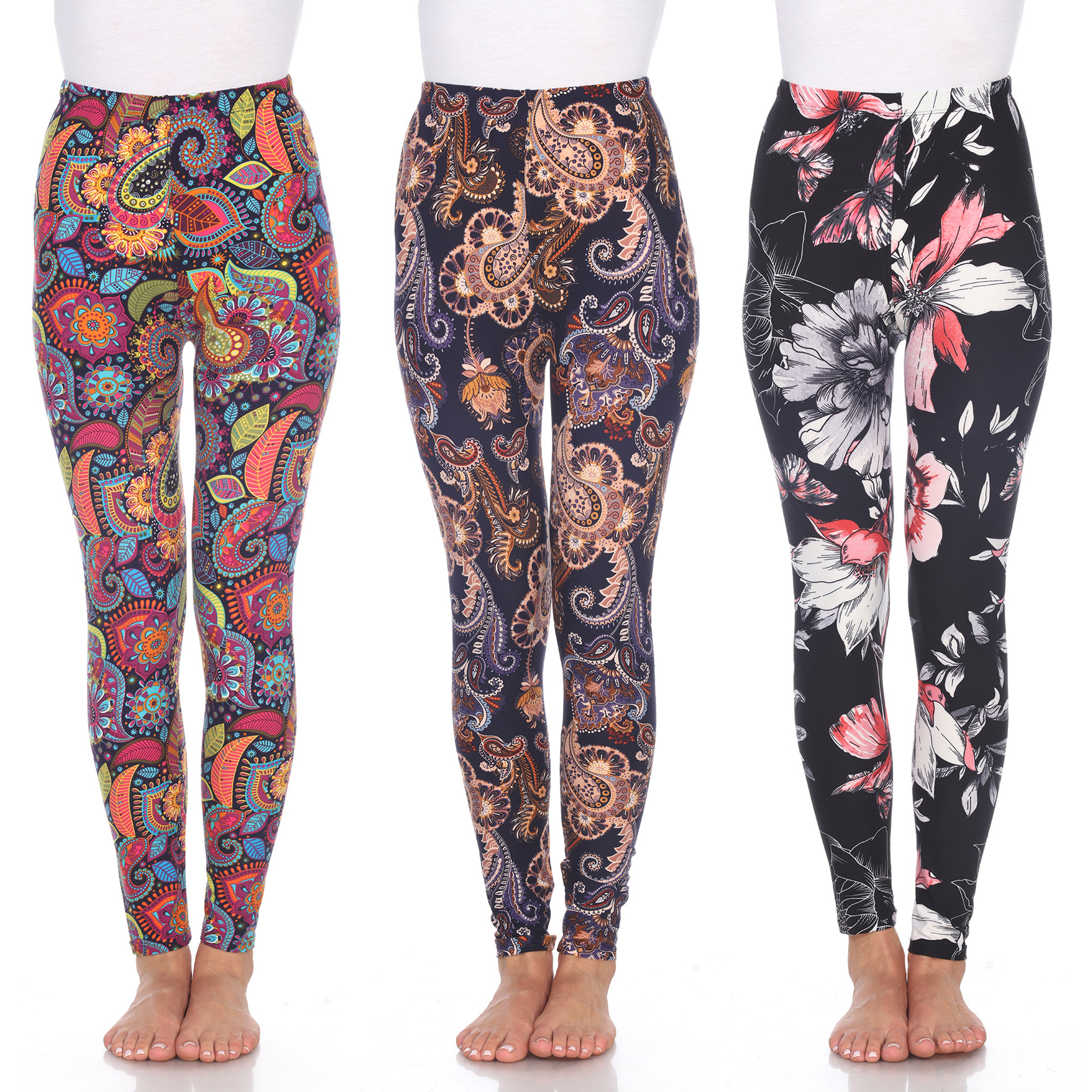 White Mark Women's Pack Of 3 Paisley Mix Leggings - Colorful Paisley,Purple/Gold Paisley, White/Coral/Black, One Size - Regular