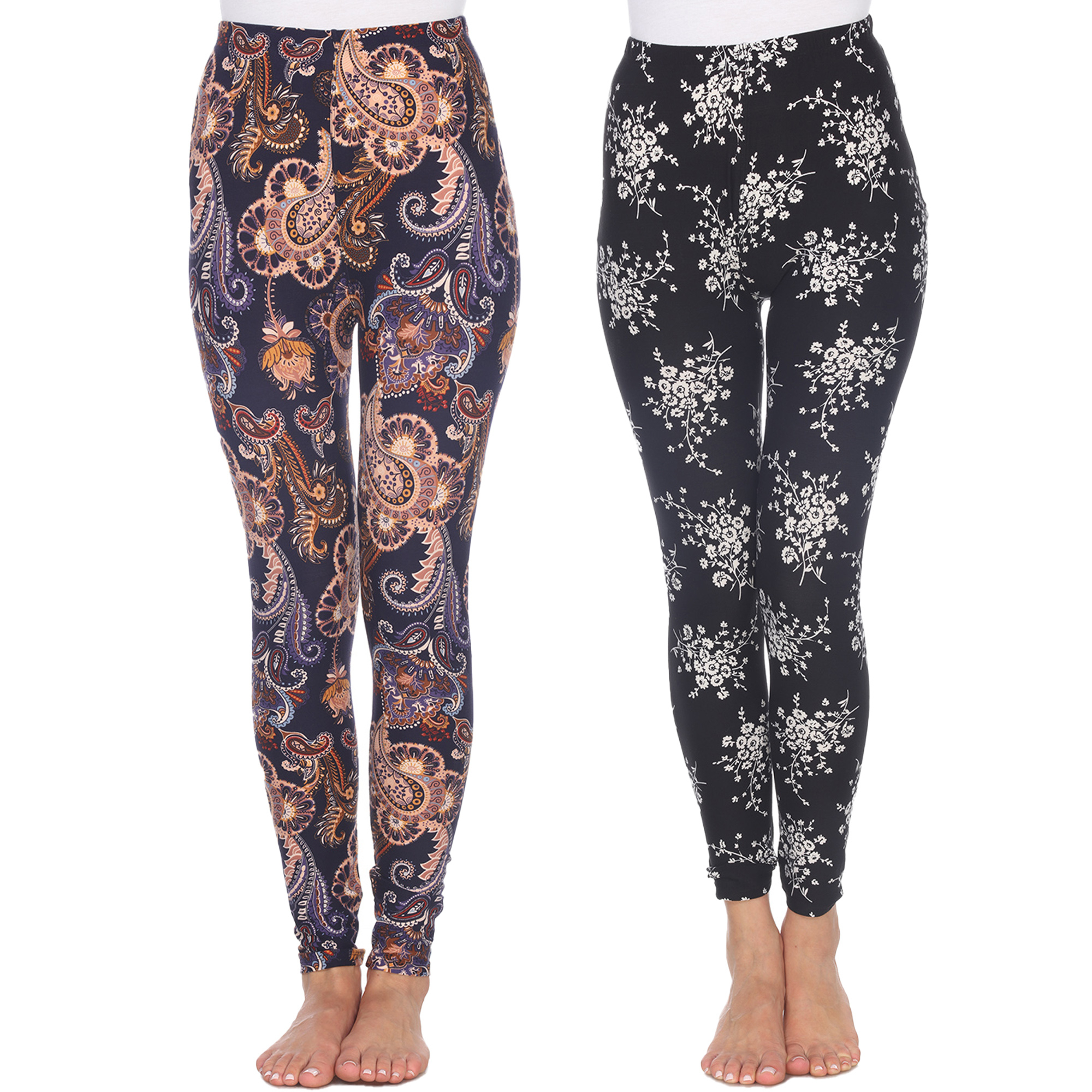 White Mark Women's Pack Of 2 Solid And Printed Leggings - Purple/Gold, Black/White Paisley, One Size - Regular