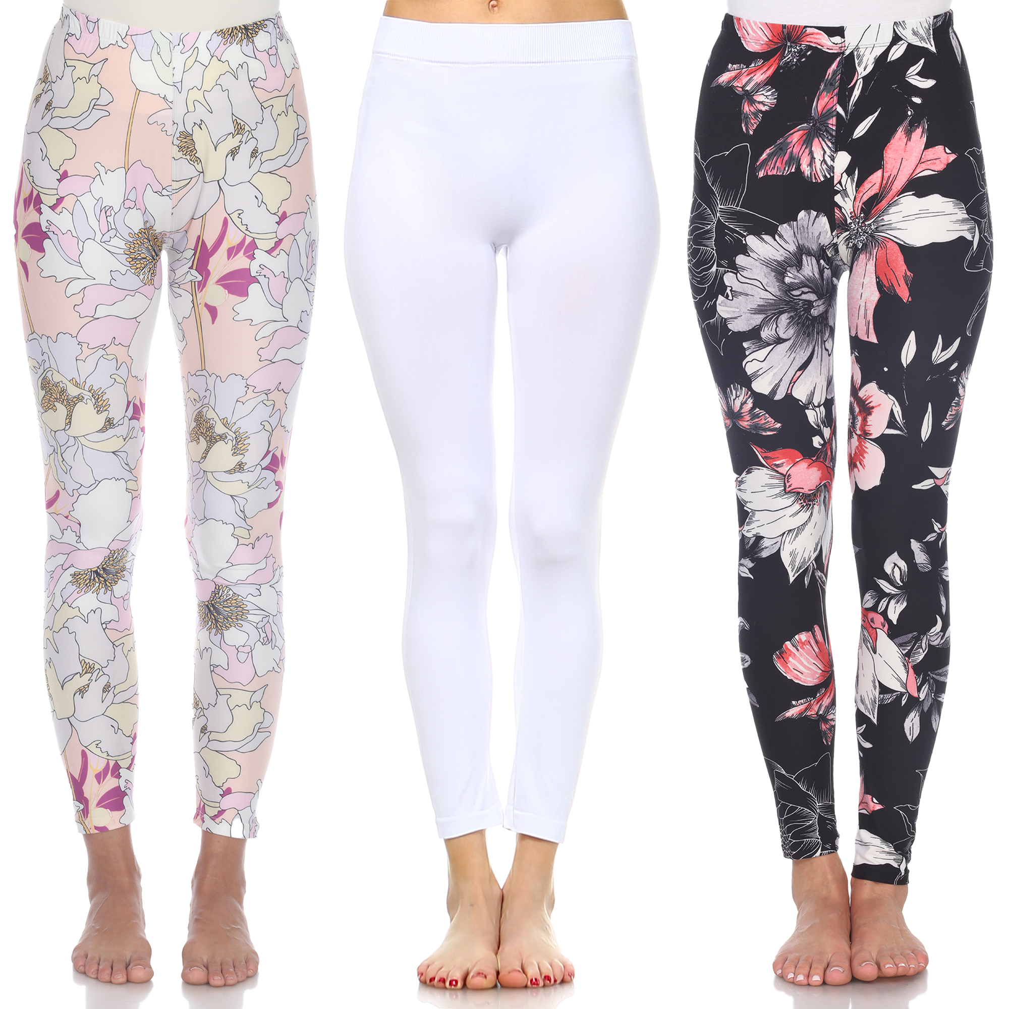 White Mark Women's Pack Of 3 Printed Leggings - Pink, White, Coral Pink Flower, One Size - Regular