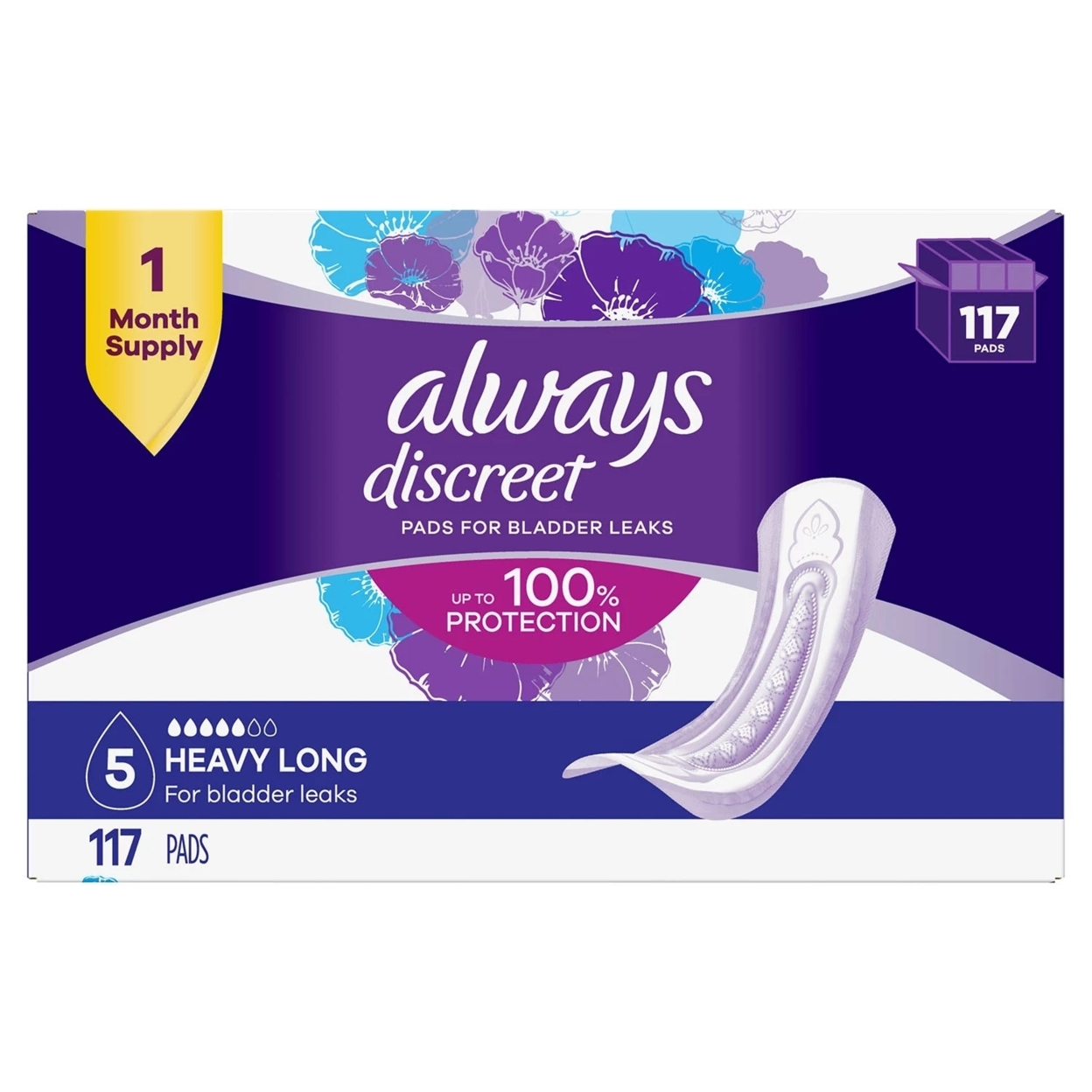 Always Discreet Incontinence Pads, Heavy - Long (117 Count)