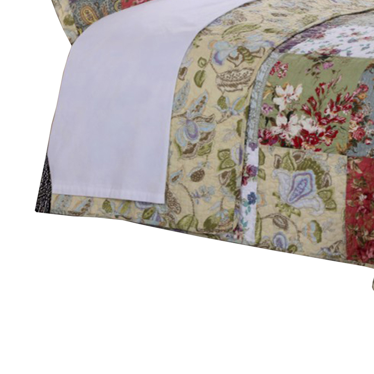 Chicago 2 Piece Fabric Twin Bedspread Set With Jacobean Prints, Multicolor- Saltoro Sherpi
