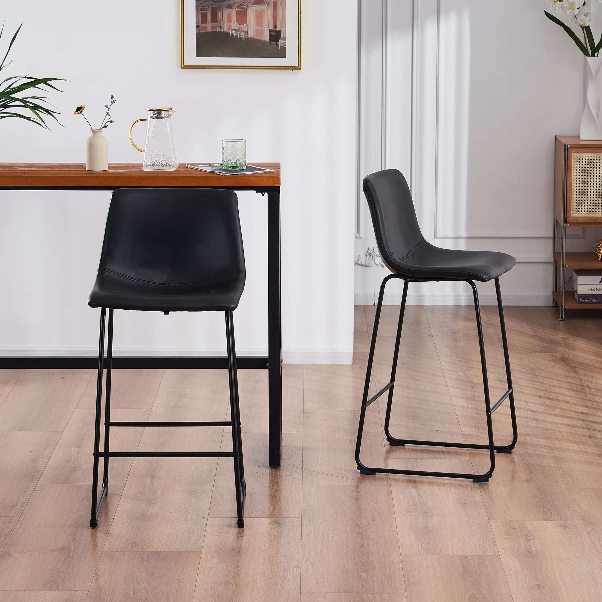 26 Modern Upholstered Faux Leather Barstools Counter Height Barstool Classic Black-Set Of 2