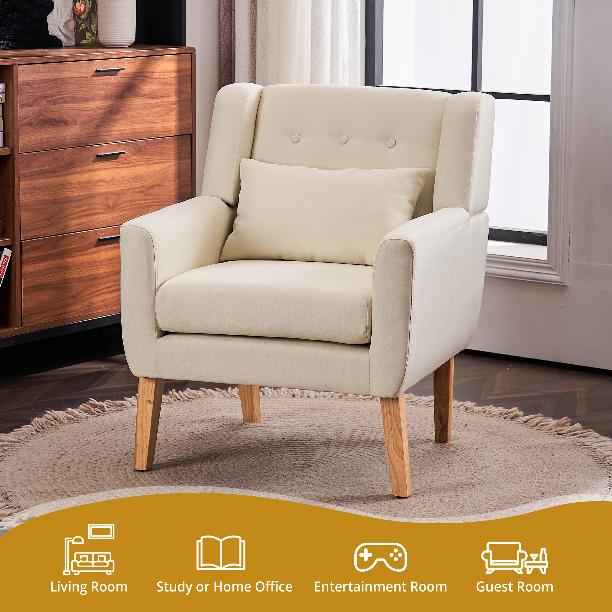 Upholstered Linen Bottom Storage Button Tufted Accent Chair With Lumbar Pillow, Sofa Chair With Rubber Wood Legs