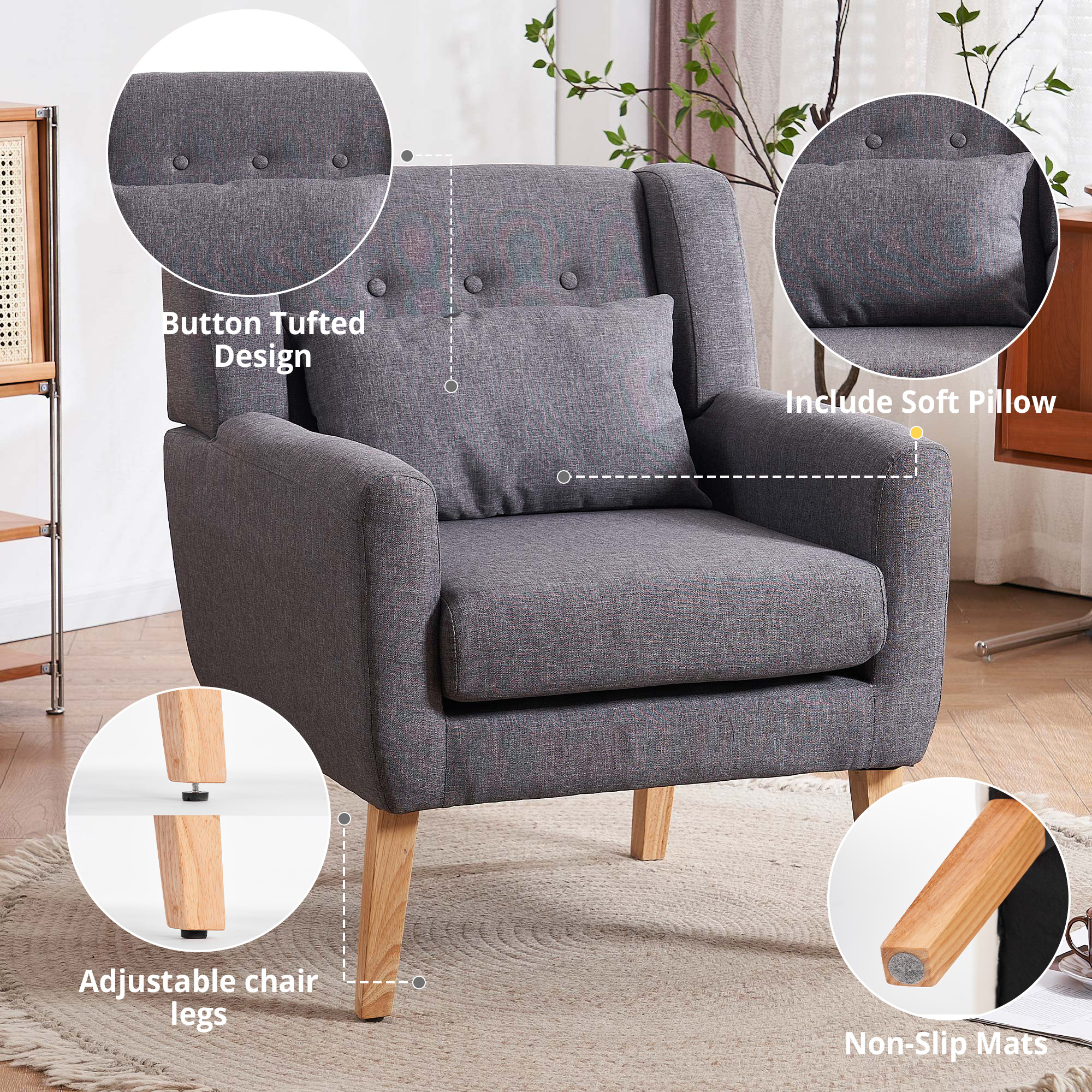 Modern Tufted Accent Chair Fabric Armchair Single Sofa, Rubber Wood Legs