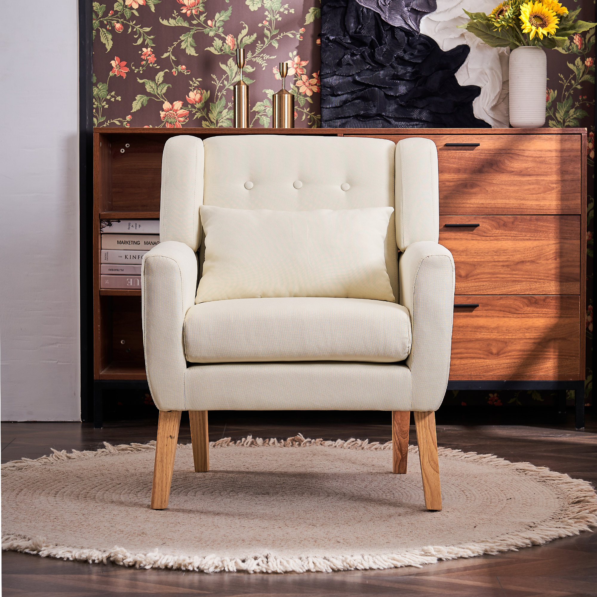 Solid Upholstered Accent Chair With Flared Armrests And Wooden Legs, Single Sofa Armchair - Light Gray