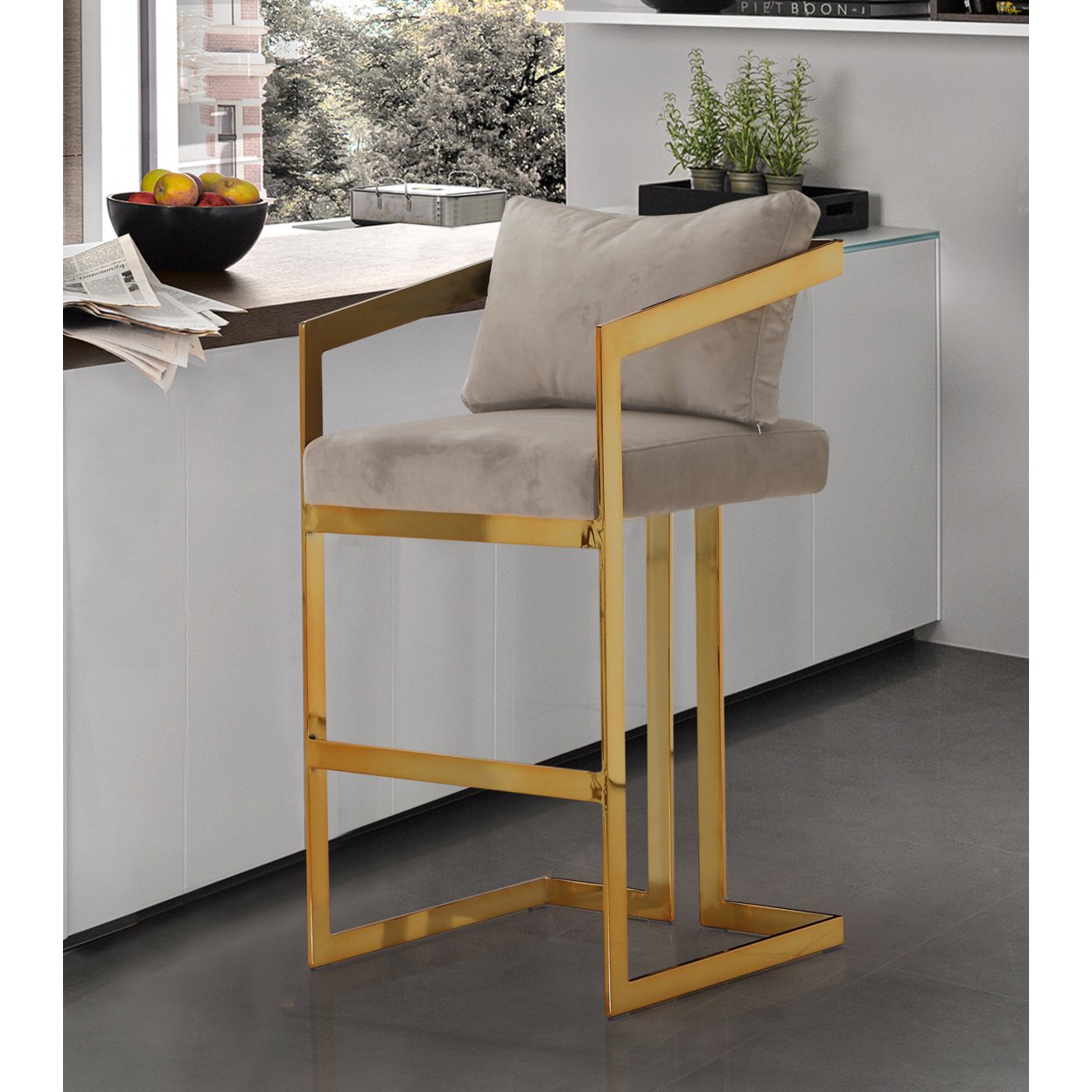 Iconic Home Lola Bar Stool Chair Velvet Upholstered Slope Arm Design Architectural Goldtone Solid Metal Frame - Taupe
