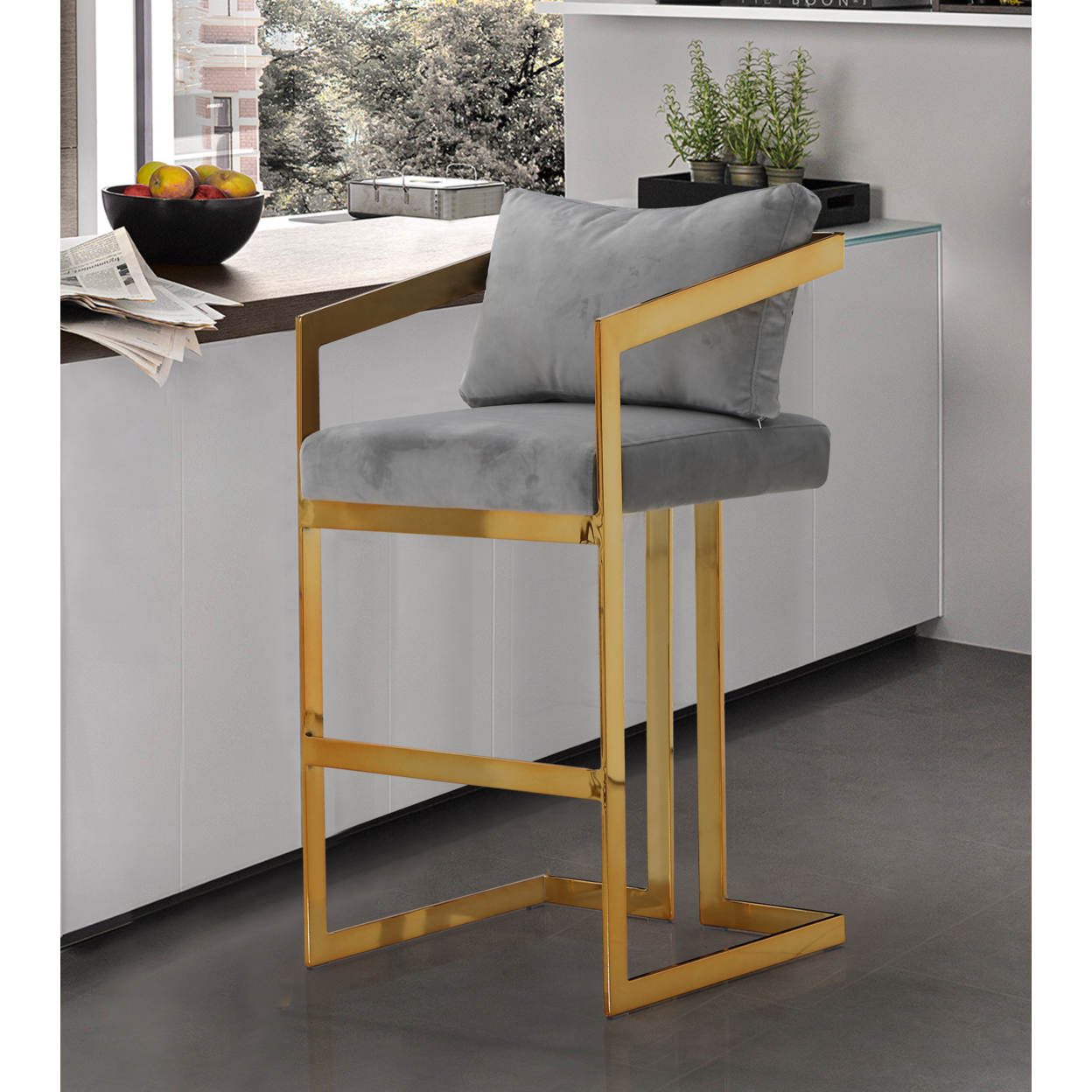 Iconic Home Lola Bar Stool Chair Velvet Upholstered Slope Arm Design Architectural Goldtone Solid Metal Frame - Grey