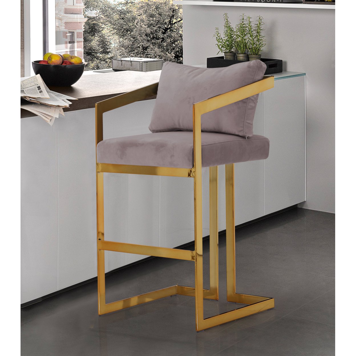 Iconic Home Lola Bar Stool Chair Velvet Upholstered Slope Arm Design Architectural Goldtone Solid Metal Frame - Blush