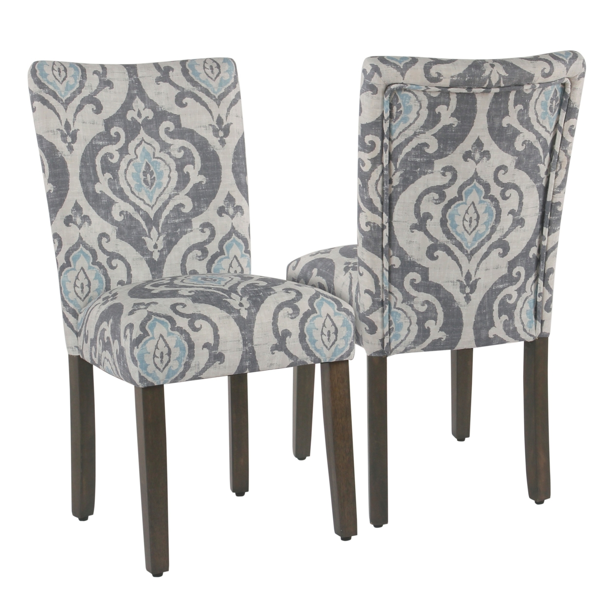 Wooden Dining Chair With Damask Print Fabric Upholstery, Gray And Blue, Set Of Two- Saltoro Sherpi