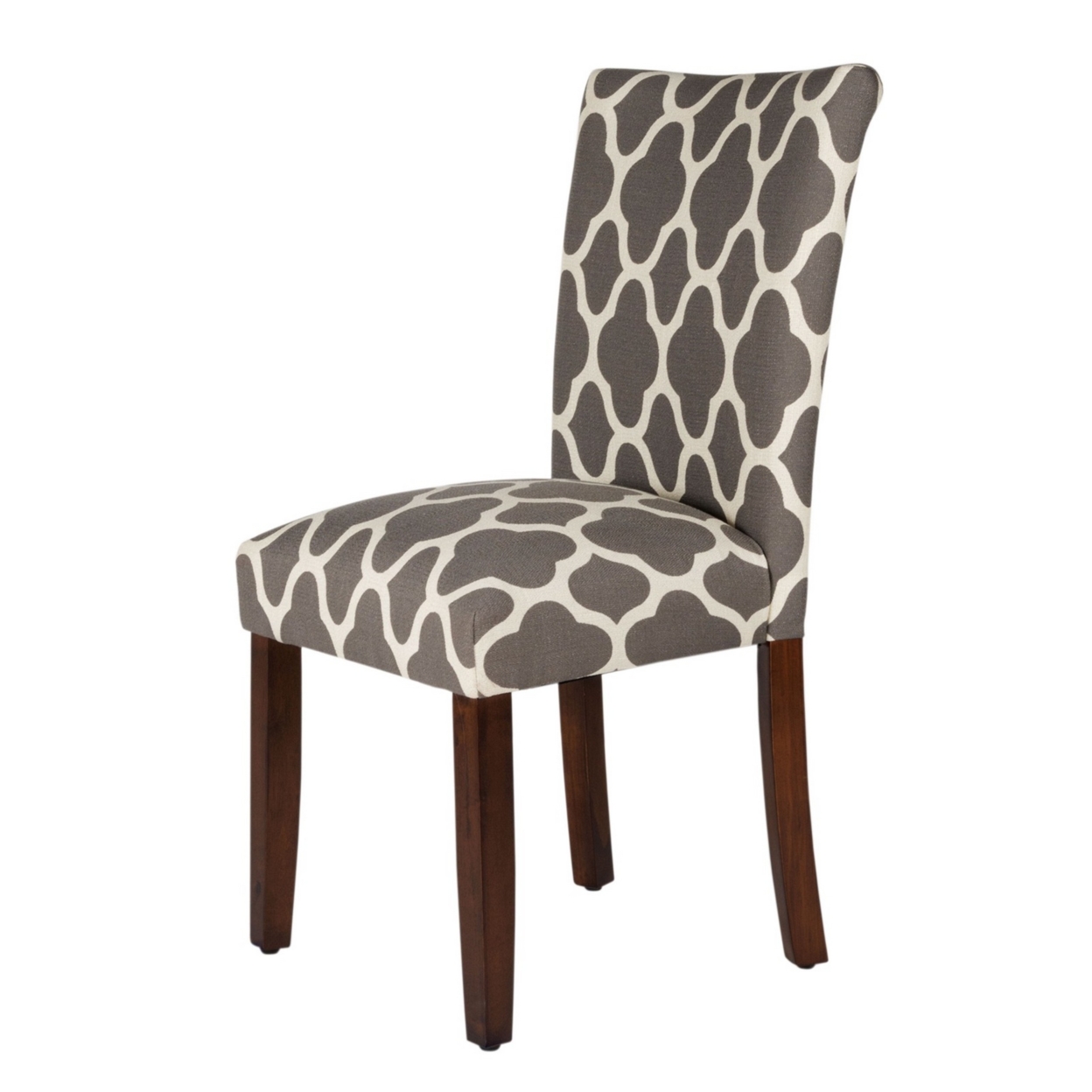 Wooden Parson Dining Chair With Quatrefoil Pattern Fabric Upholstery, Gray And White, Set Of Two- Saltoro Sherpi