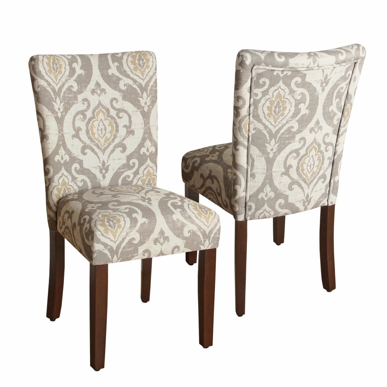 Wooden Dining Chair With Damask Print Fabric Upholstery And Tapered Feet, Multicolor, Set Of Two- Saltoro Sherpi