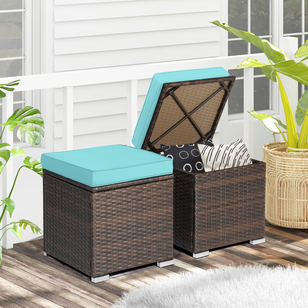 2PCS Outdoor Patio Ottomans Hand-Woven PE Wicker Footstools W/ Removable Cushions - Turquoise