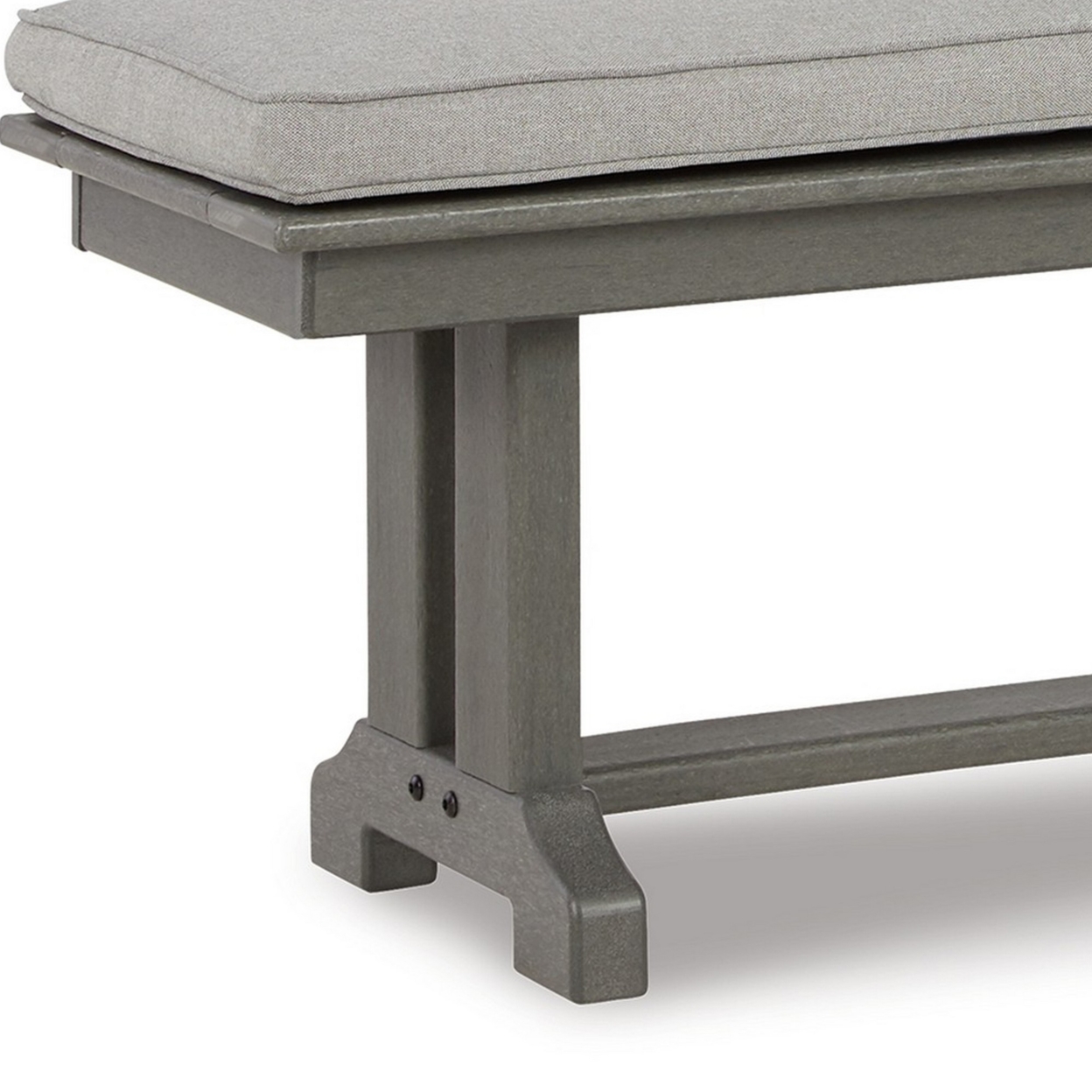 Vrai 54 Inch Outdoor Bench, Gray Wood Frame, Trestle Base, Cushioned Seat