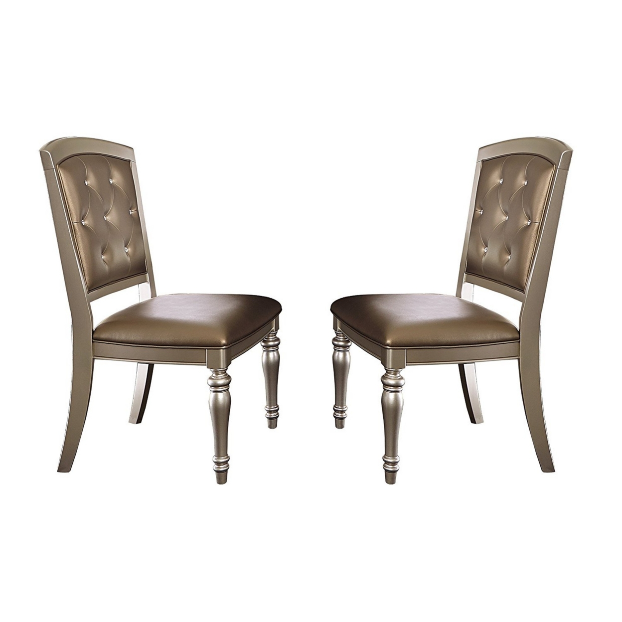Wood & Leather Dining Side Chair With Crystal Tufting, Silver, Set Of 2- Saltoro Sherpi
