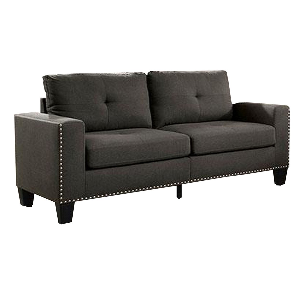 Fabric Upholstered Sofa With Track Arms And Nailhead Trim, Dark Gray- Saltoro Sherpi