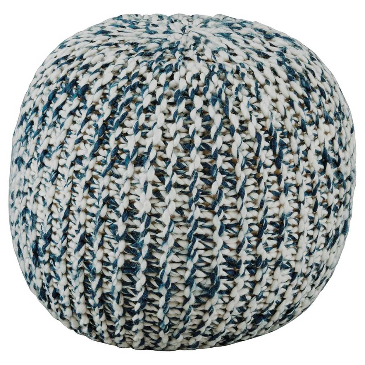 Round Pouf With Hand Knit Details, Blue And White- Saltoro Sherpi