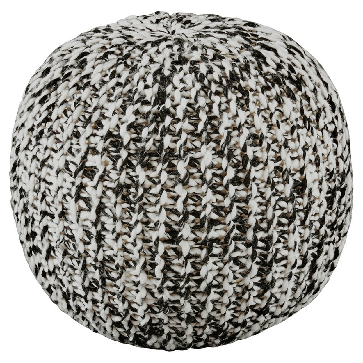 Round Pouf With Hand Knit Details, Black And White- Saltoro Sherpi