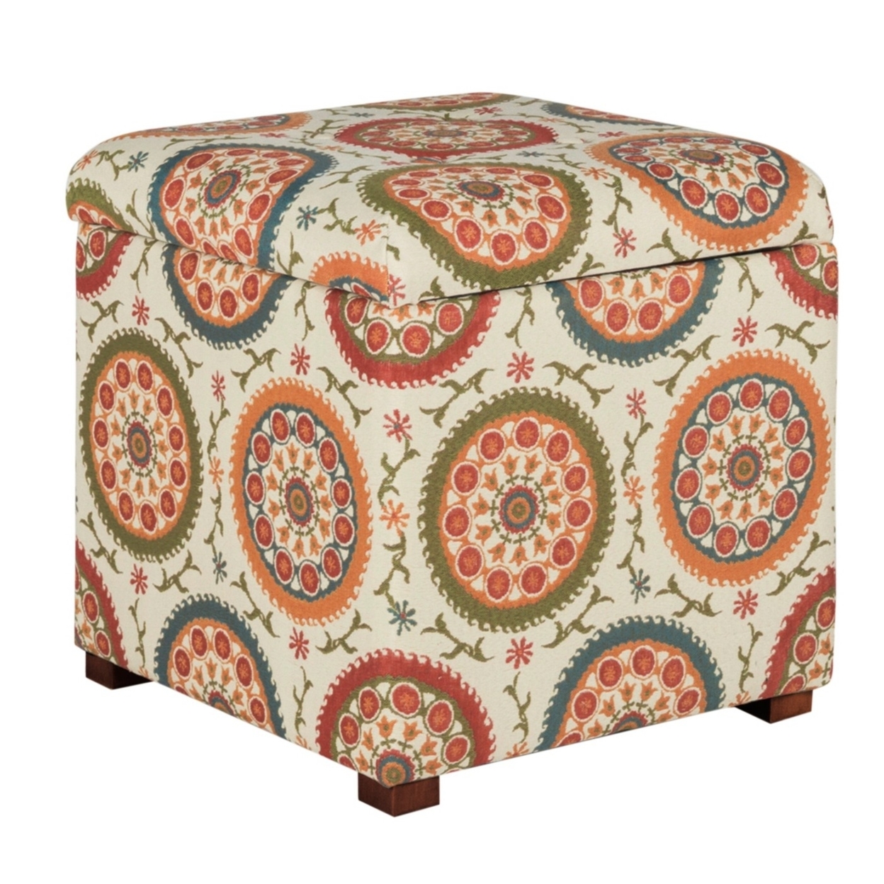 Suzani Patterned Fabric Upholstered Wooden Ottoman With Hidden Storage, Multicolor- Saltoro Sherpi