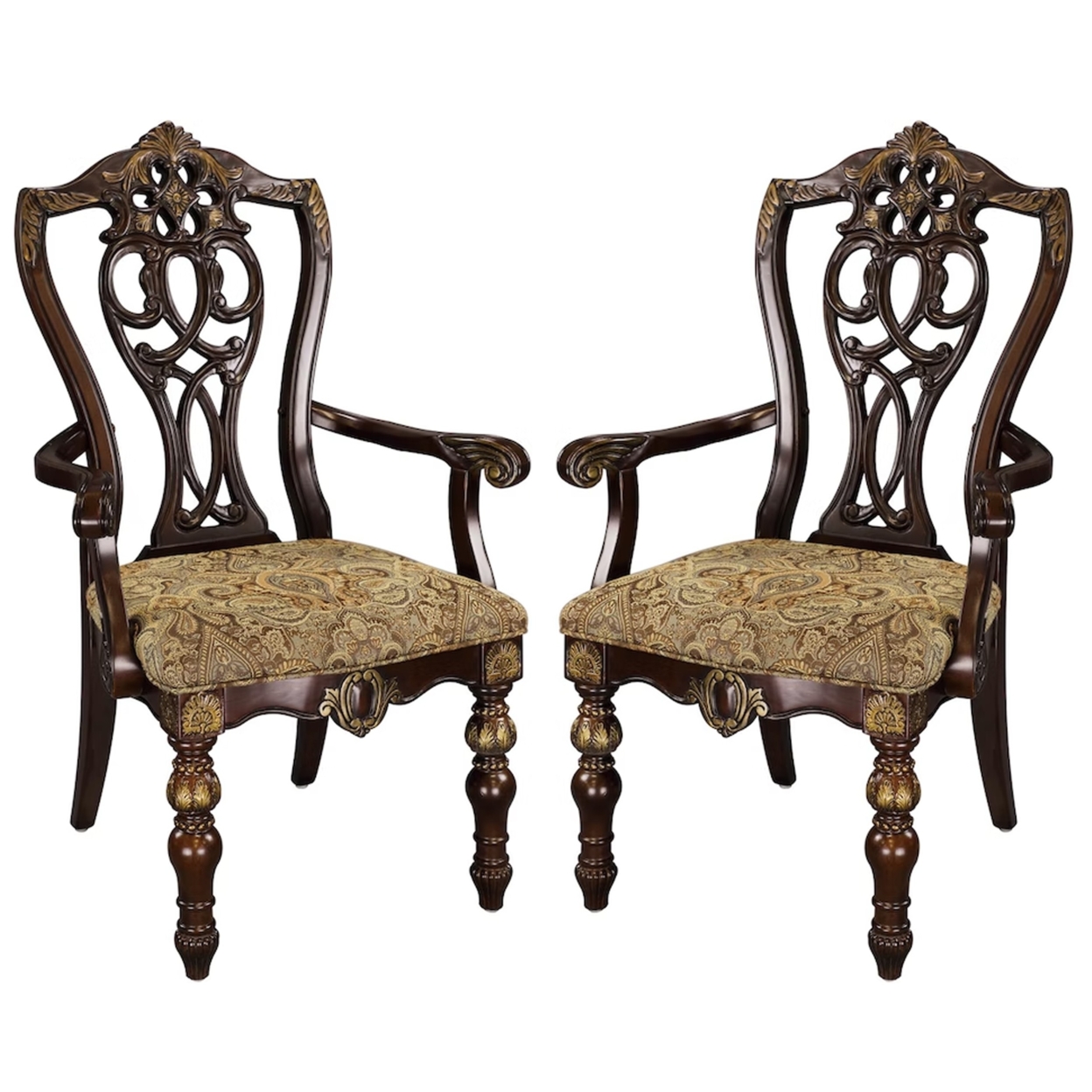 Fabric Upholstered Wooden Arm Chair With Intricate Back, Set Of 2 , Cherry Brown- Saltoro Sherpi
